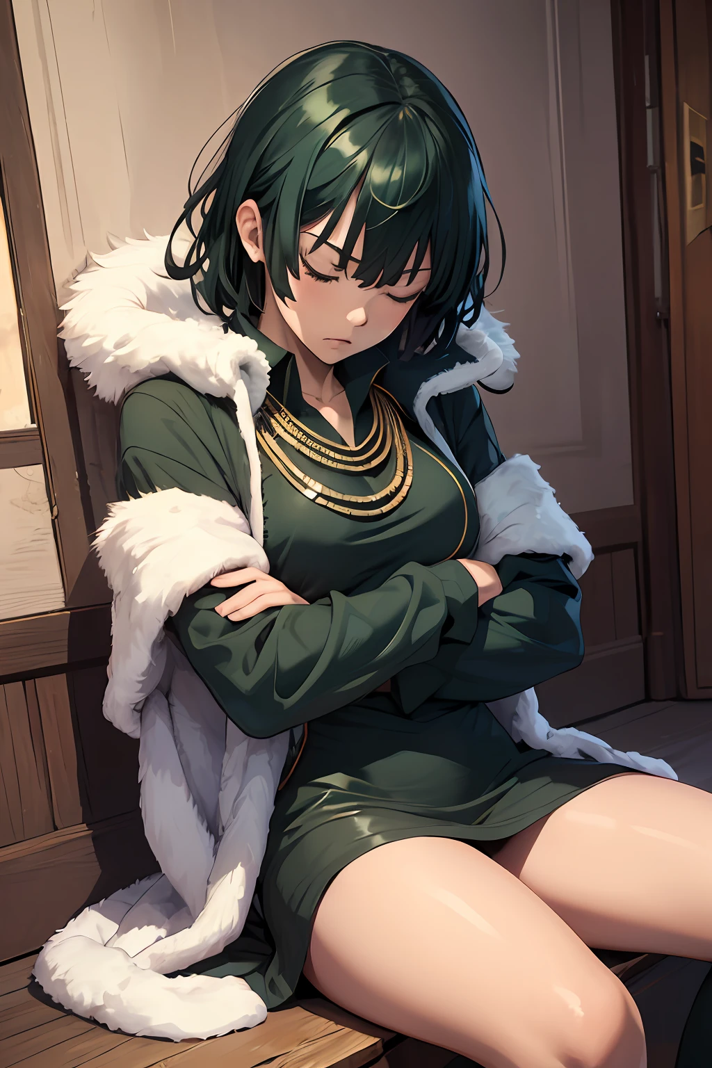 (masterpiece, best quality:1.2), cowboy shot, solo, 1girl, fubuki, expressionless, crossed arms, green hair, taut clothes, fur coat, jewelry, necklace,asleep,sitting,deep sleep, both eyes closed