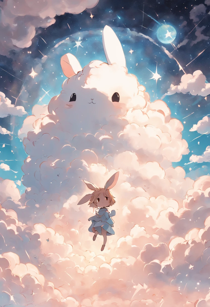 a cute bunny in a cloud over some stars framed by clouds on a wall, in the style of digital collage, dreamlike scenarios, animated gifs, ethereal dreamscapes, light brown and sky-blue, tarot card, eiichiro oda