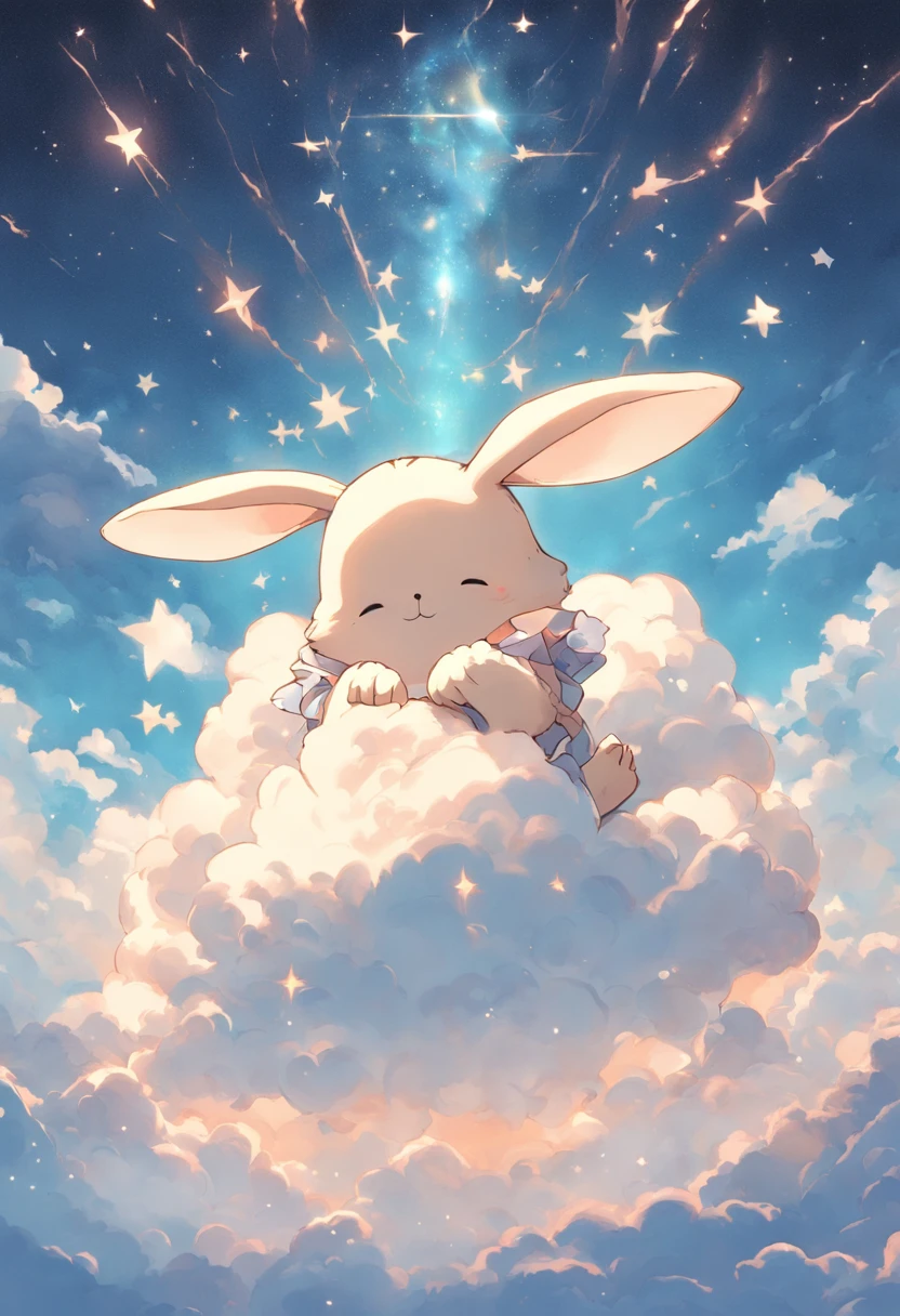 a cute bunny in a cloud over some stars framed by clouds on a wall, in the style of digital collage, dreamlike scenarios, animated gifs, ethereal dreamscapes, light brown and sky-blue, tarot card, eiichiro oda