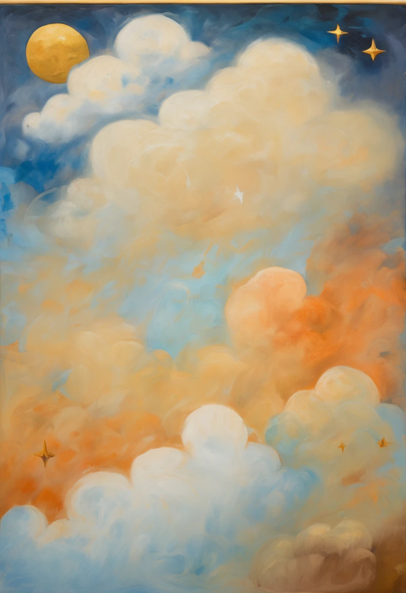 a cute bunny in a cloud over some stars framed by clouds on a wall, in the style of digital collage, dreamlike scenarios, animated gifs, ethereal dreamscapes, light brown and sky-blue, tarot card, eiichiro oda