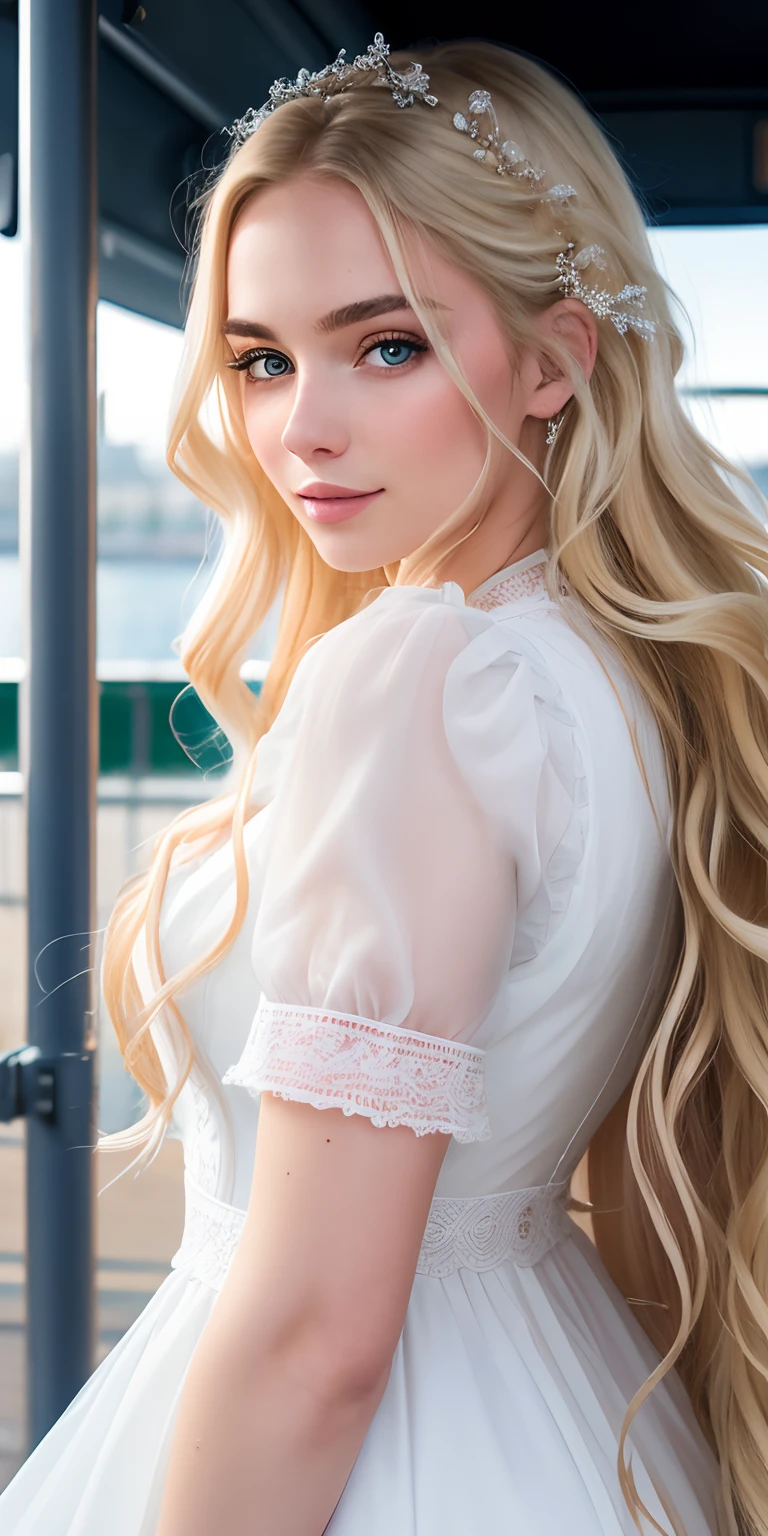 Photo of a 20-year-old European girl, raw, Beautiful woman, (Long wavy blonde hair), ((Portrait)), ((Detailed face:1.2)), ((detailed facial features)), (finely detailed skin), pale skin,Park, London Ferris Wheel、Dresses with fluffy sleeves、A sexy(cold color), moist, moist, Reflectors, (masutepiece) (perfectly proportions)(photos realistic)(Best Quality) (Detailed) photographed in a Canon EOS R5, 50mm Lens, F/2.8, nffsw, (Grinning) (Wallpaper) (Cinematic lighting) (Dramatic Lighting) (foco nítido) (Convoluted) Fashion, From above