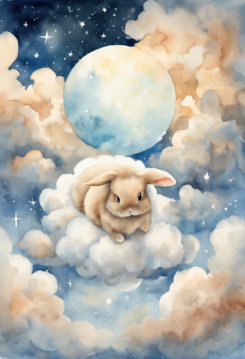 a cute bunny in a cloud over some stars framed by clouds on a wall, in the style of digital collage, dreamlike scenarios, animated gifs, ethereal dreamscapes, light brown and sky-blue, tarot card, eiichiro oda