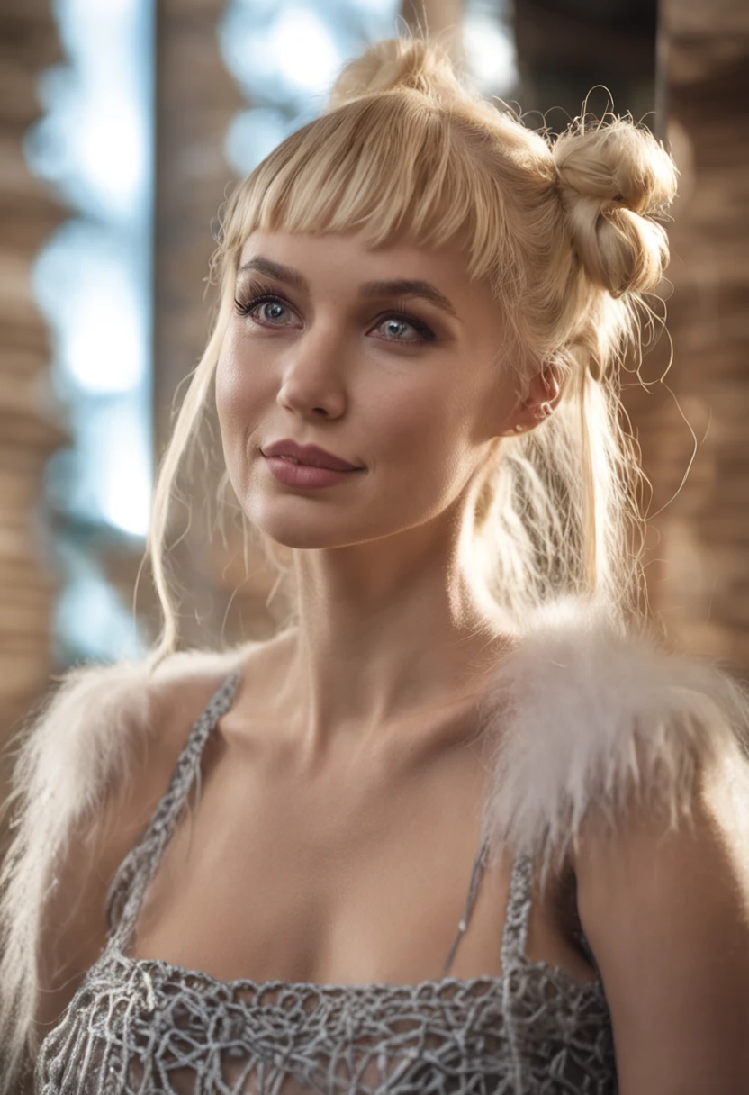 hot white woman, sexy body, (blonde hair with double bun with bangs), naked woman, pantyhose, skirt