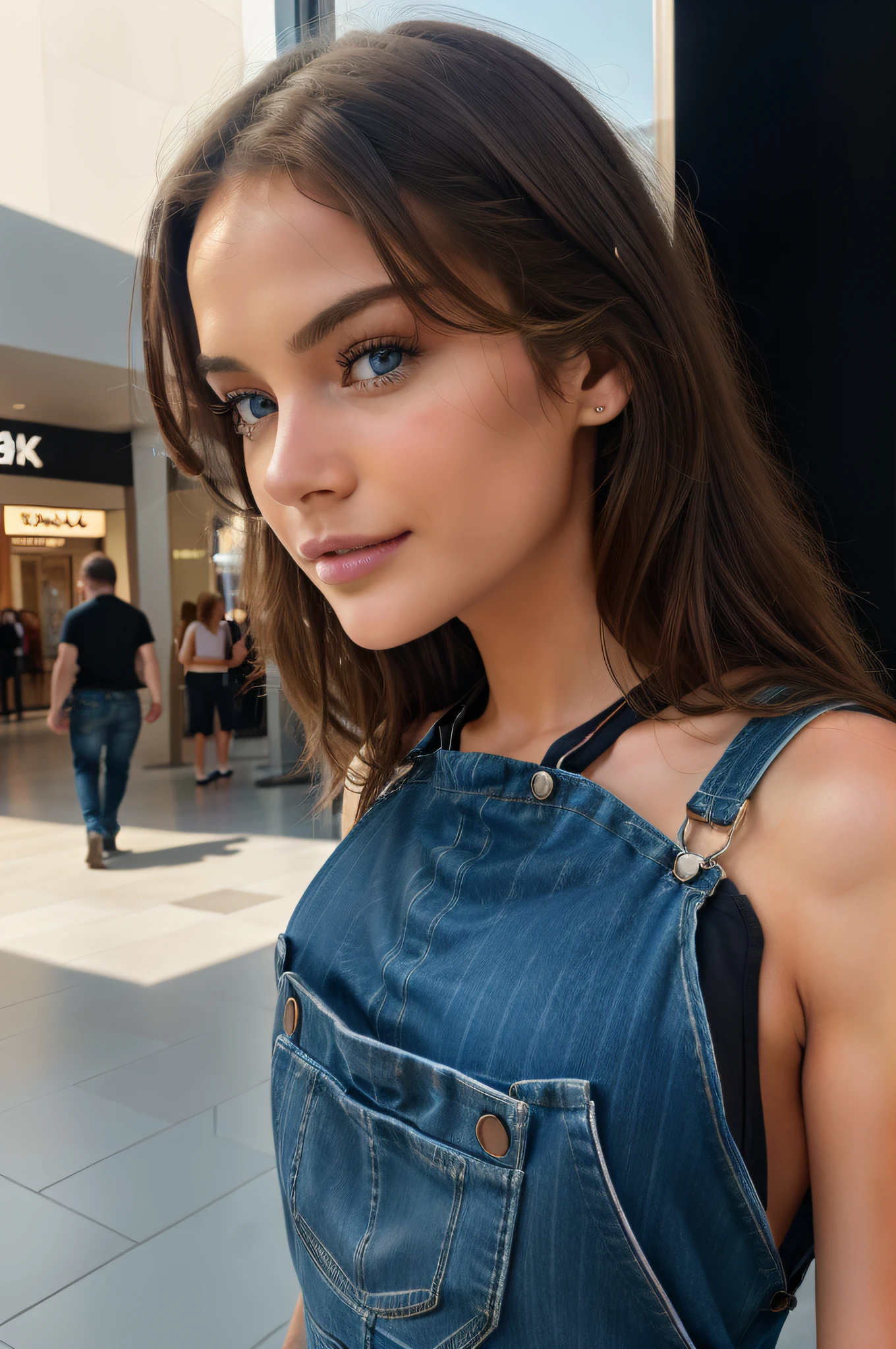 Belle brune aux reflets blonds (wearing overalls at the mall), feet to face, Very detailed, 24 ans, visage innocent, natural wavy hair, yeux bleus, High resolution, Masterpiece, Best quality, intricate high detail, highly detailed, mise au point nette, detailed skin, realistic skin texture, texture, detailled eyes, professionnel, 4K, sourire charmant, filmed on Canon, 85 mm, all body parts visible, Couleur Kodak Vision, perfect fit body, Extremely detailed, photographier_\(ultra\), photoreallistic, Realstic, Post-traitement, maximum details, roughness, real life, ultra realist, photorealism, photographie, 8K UHD, photographie