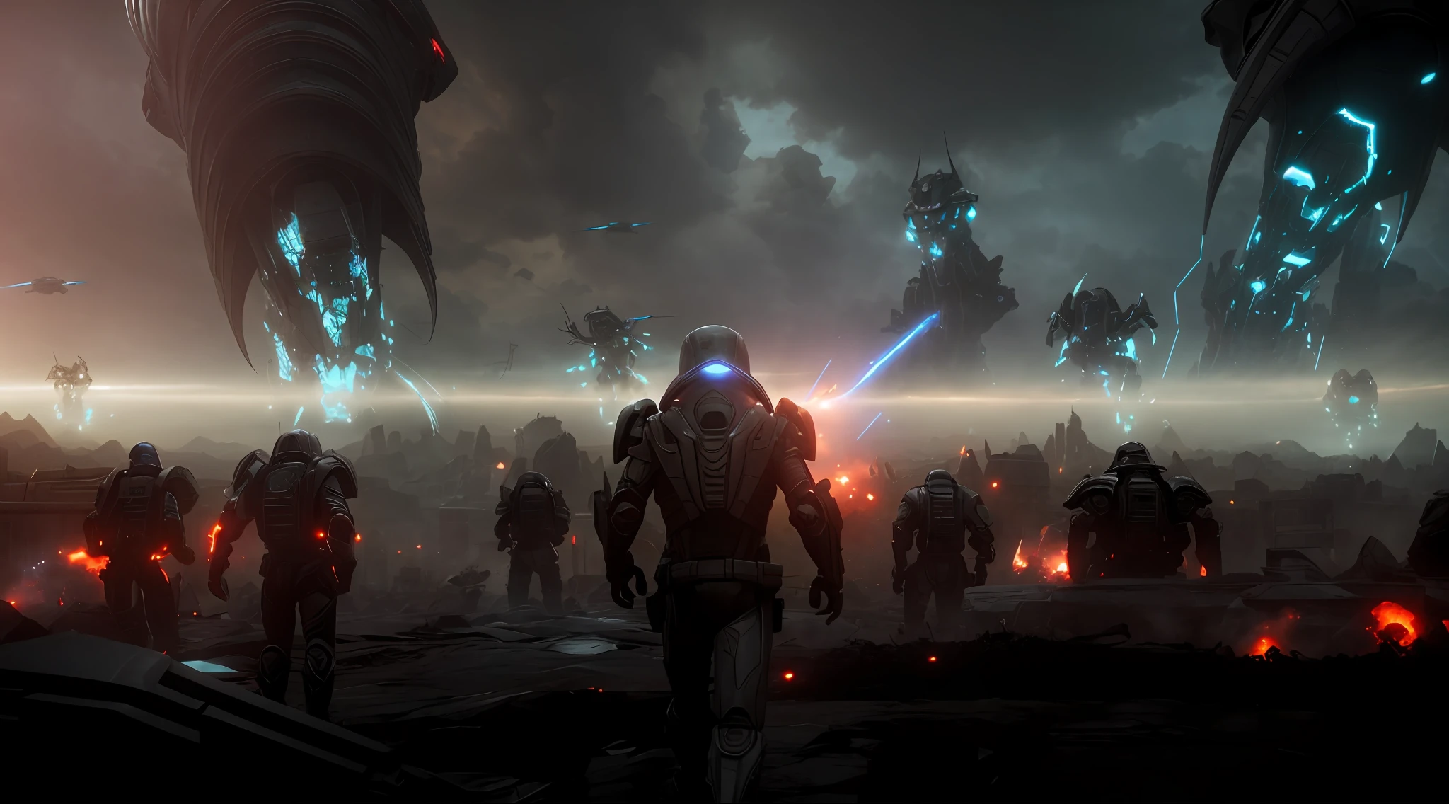 rise of the enemy, alien army from from andromeda charging from the horizon, epic, battlefield, city ruins in the background, cinematic composition, volumetric lighting, octane render