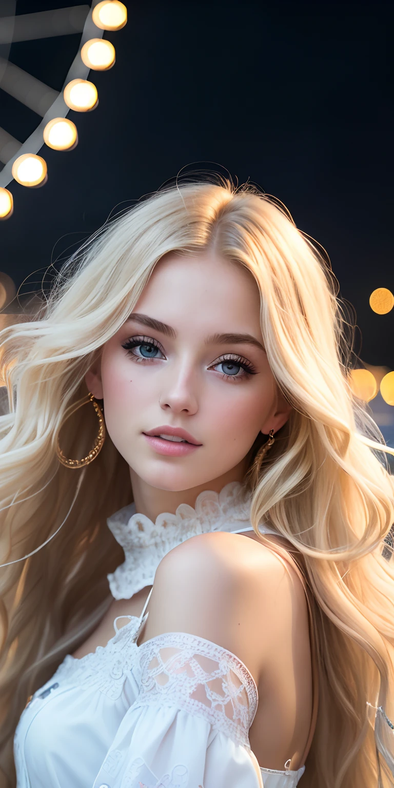 Photo of a 20-year-old European girl, raw, Beautiful woman, (Long wavy blonde hair), ((Portrait)), ((Detailed face:1.2)), ((detailed facial features)), (finely detailed skin), pale skin,Park, London Ferris Wheel、Dresses with fluffy sleeves、A sexy(cold color), moist, moist, Reflectors, (masutepiece) (perfectly proportions)(photos realistic)(Best Quality) (Detailed) photographed in a Canon EOS R5, 50mm Lens, F/2.8, nffsw, (Grinning) (Wallpaper) (Cinematic lighting) (Dramatic Lighting) (foco nítido) (Convoluted) Fashion, From above