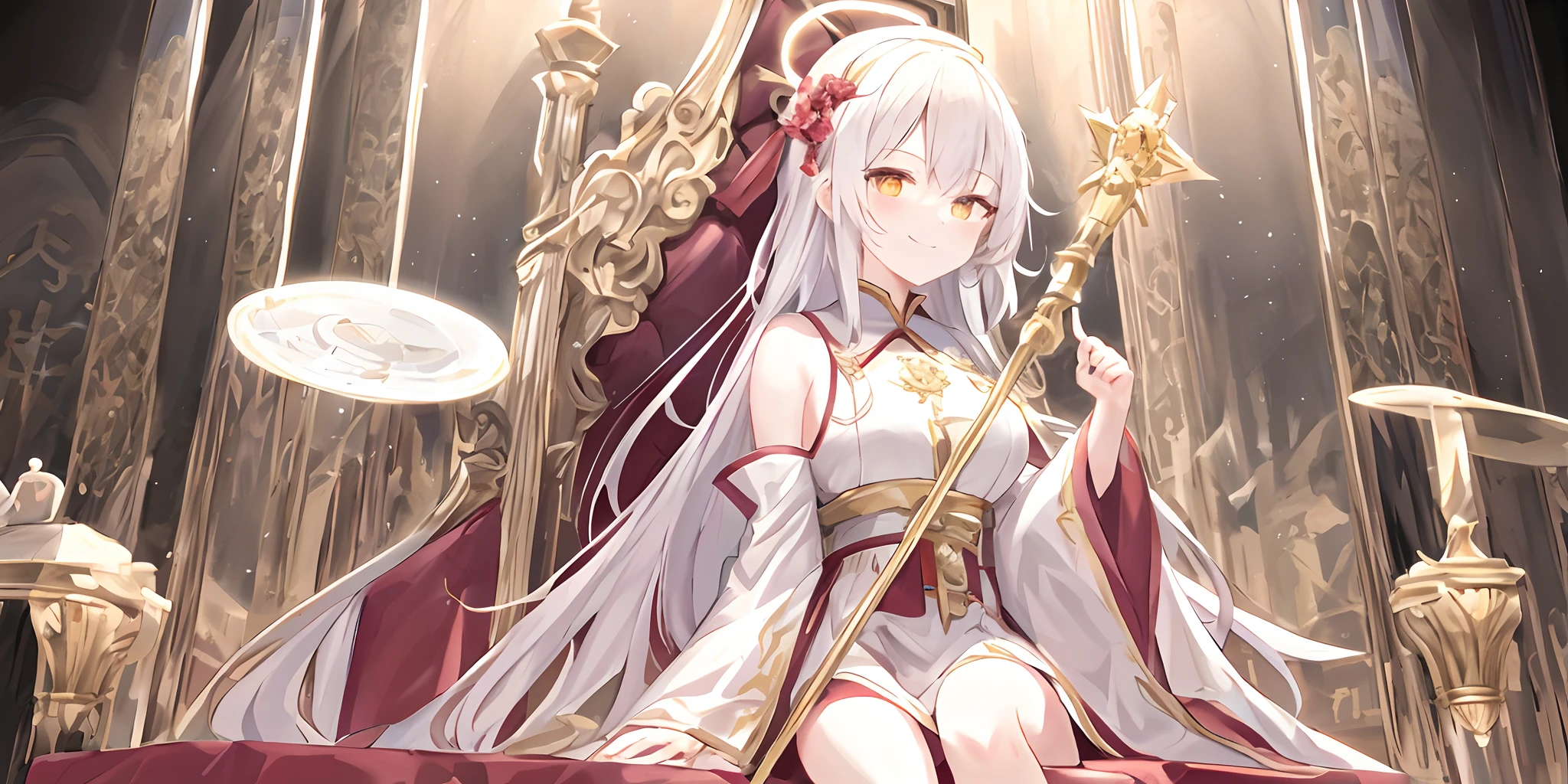 Pope all over the body,Poor milk,On the scepter,Defeat,weak,captivity((White and red robes,The pattern is complex)),(1个Giant Breast Girl),(独奏),(cute anime face),Gold eyes,long white hair,A loving smile,The halo,(Sit on a low throne),In a magnificent castle,ultraclear,