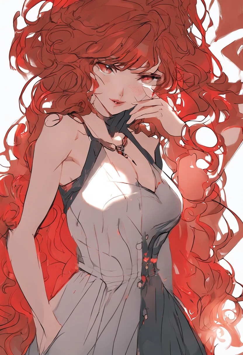 hot white woman, sexy body, (red curly hair with bangs), cleavage dress, pantyhose