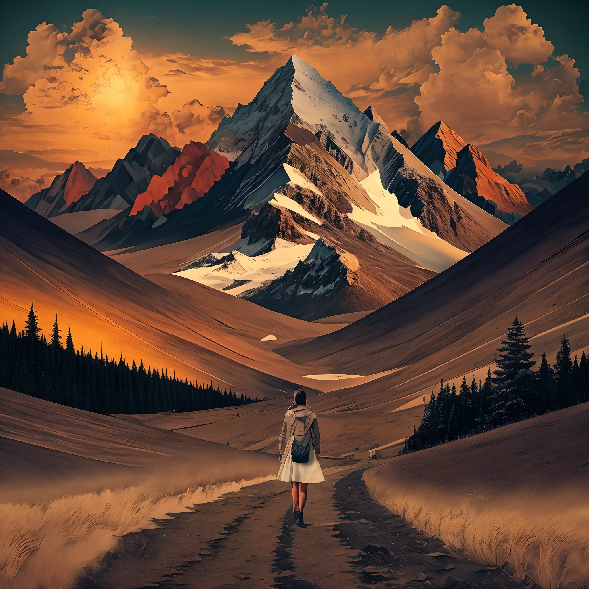 there is a woman walking down a path with a mountain in the background, collage art, surreal collage, collage artwork, a contemporary artistic collage, paper collage art, paper cut out collage artwork, digital collage, zig-zags. mountains, ( collage ), contemporary collage, paper collage, cut-out paper collage, collage style joseba elorza, frank moth