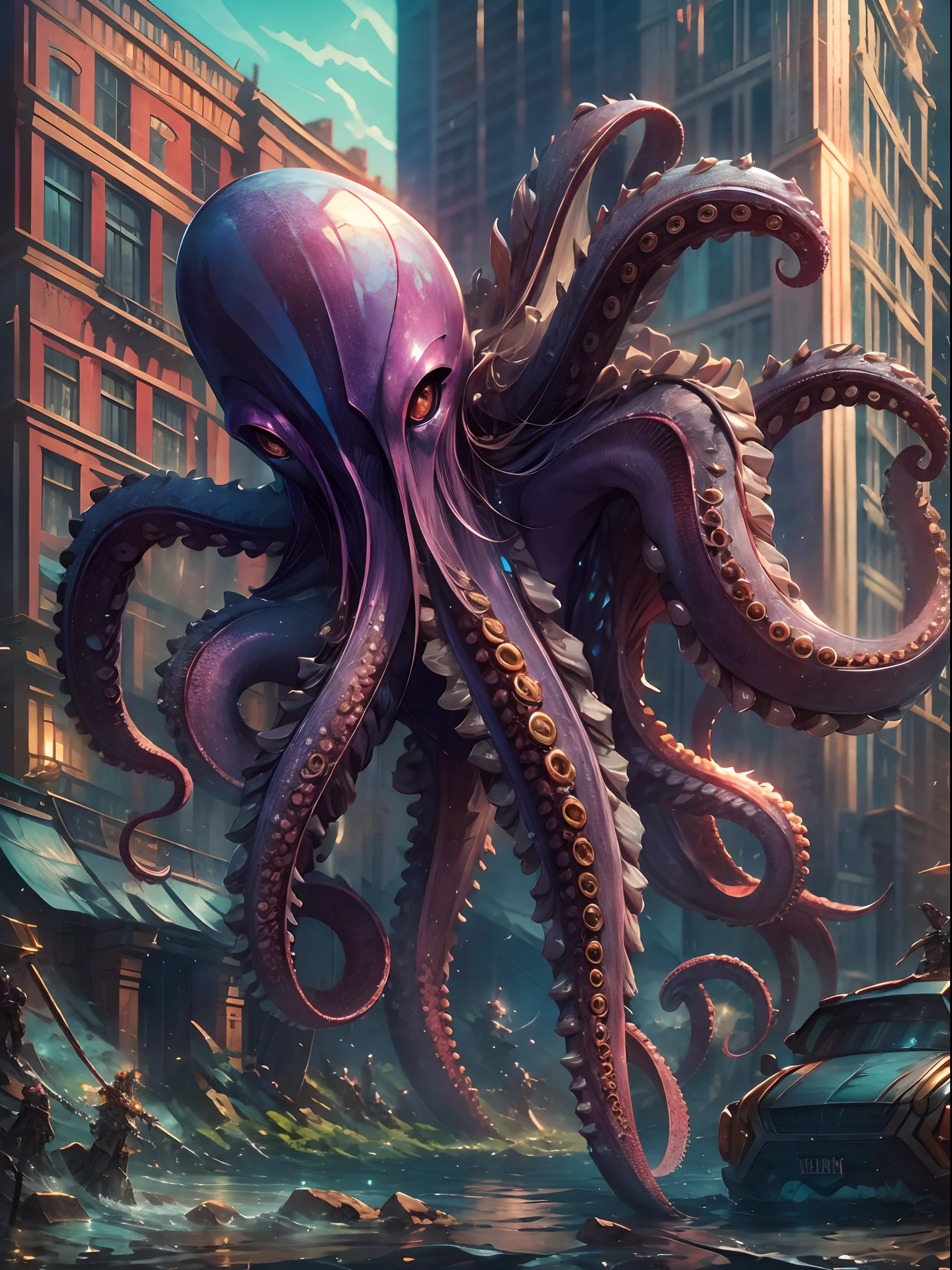 Invading aliens，uncanny，Octopus tentacles，Full body like，combats，The city was destroyed，of a real，Facial features are carefully depicted，Realistic skin texture，Dark style，depth of fields，high light，Real light，Ray traching，oc rendered，Hyper-realistic，best qualtiy，8K，Works of masters，super-fine，Detailed pubic hair，Correct anatomy，sharp focus on eyes，Bokeh，Facial features are carefully depicted