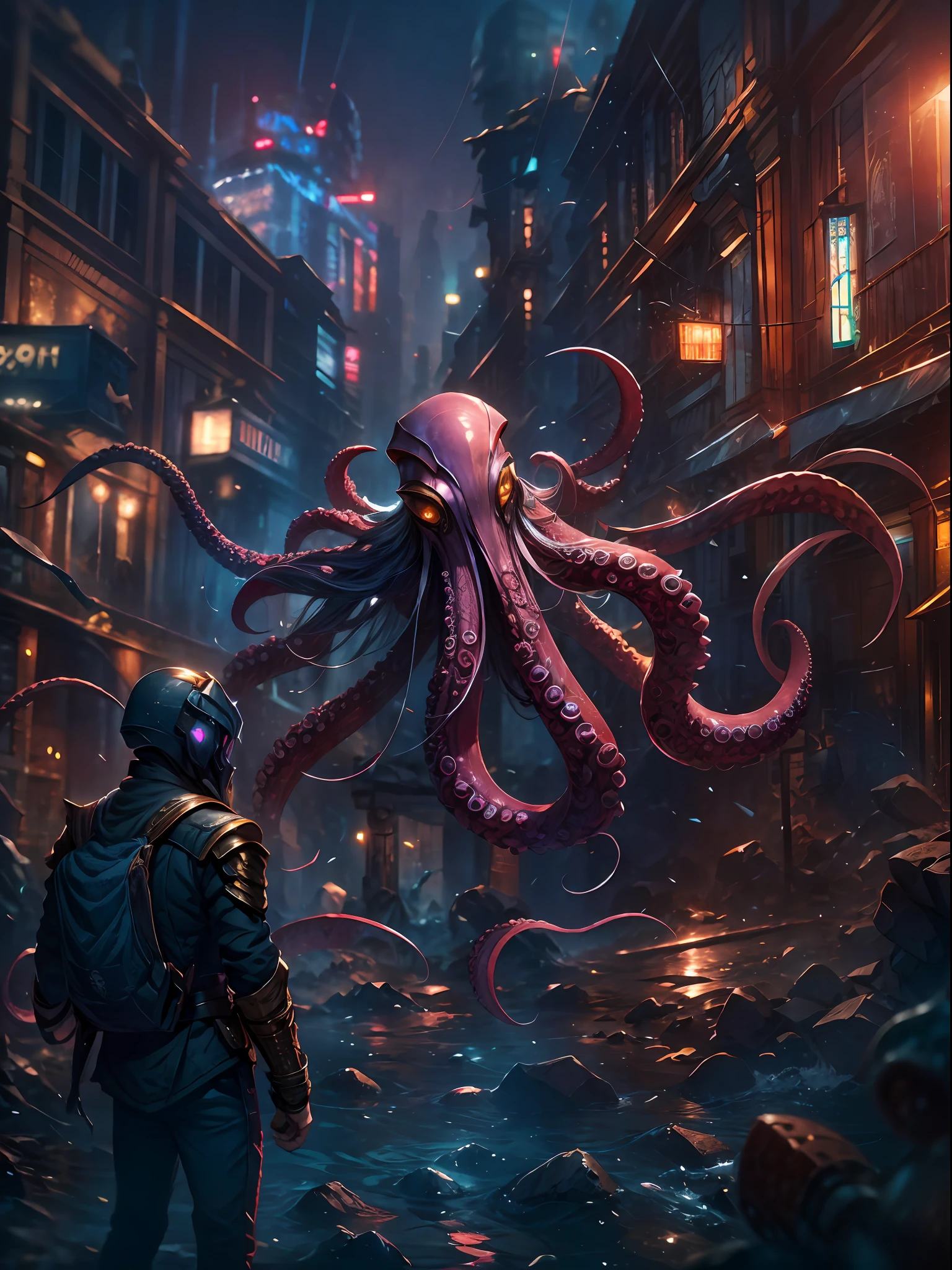 Invading aliens，uncanny，Octopus tentacles，Full body like，combats，The city was destroyed，of a real，Facial features are carefully depicted，Realistic skin texture，Dark style，depth of fields，high light，Real light，Ray traching，oc rendered，Hyper-realistic，best qualtiy，8K，Works of masters，super-fine，Detailed pubic hair，Correct anatomy，sharp focus on eyes，Bokeh，Facial features are carefully depicted