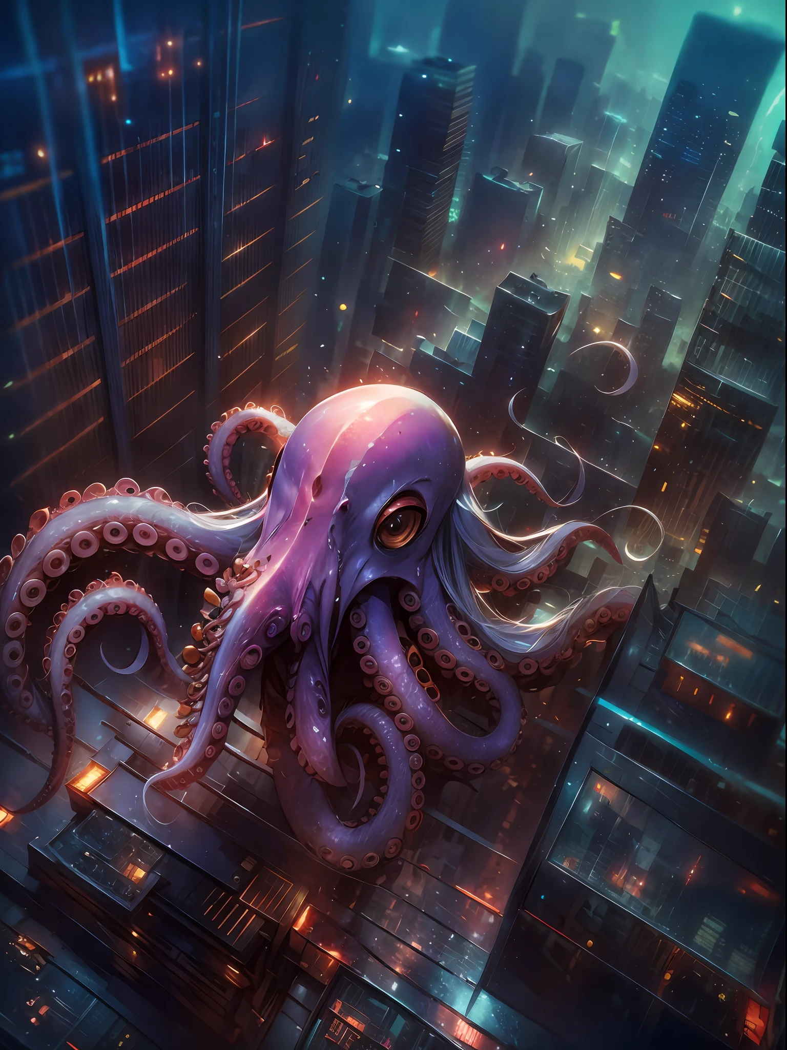 Invading aliens，uncanny，Octopus tentacles，Full body like，combats，The city was destroyed，of a real，Facial features are carefully depicted，Realistic skin texture，Dark style，depth of fields，high light，Real light，Ray traching，oc rendered，Hyper-realistic，best qualtiy，8K，Works of masters，super-fine，Detailed pubic hair，Correct anatomy，sharp focus on eyes，Bokeh，Facial features are carefully depicted