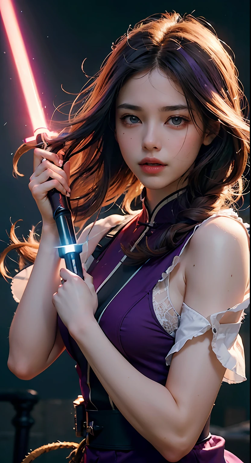 (Reality: 1.4), (RAW Photo, Best Quality), (Realistic, Photorealistic Photo: 1.3), Best Quality, Highly Detailed, Masterpiece, Hyperdetail, Illustration, 1 Girl, Made Human, Smile, Purple Hair, Purple Clothes, Purple, Holding a White Lightsaber, Lightsaber Dance, upper_body, Dynamic Angle, World Mastery Theater, Flying Long hair, Fluores cent Red, dynamic fire inbackground, best quality, extremely detailed CG uniform 8k wallpaper, ink, amazing, cinematic lighting, lens_flare, wuxia_style