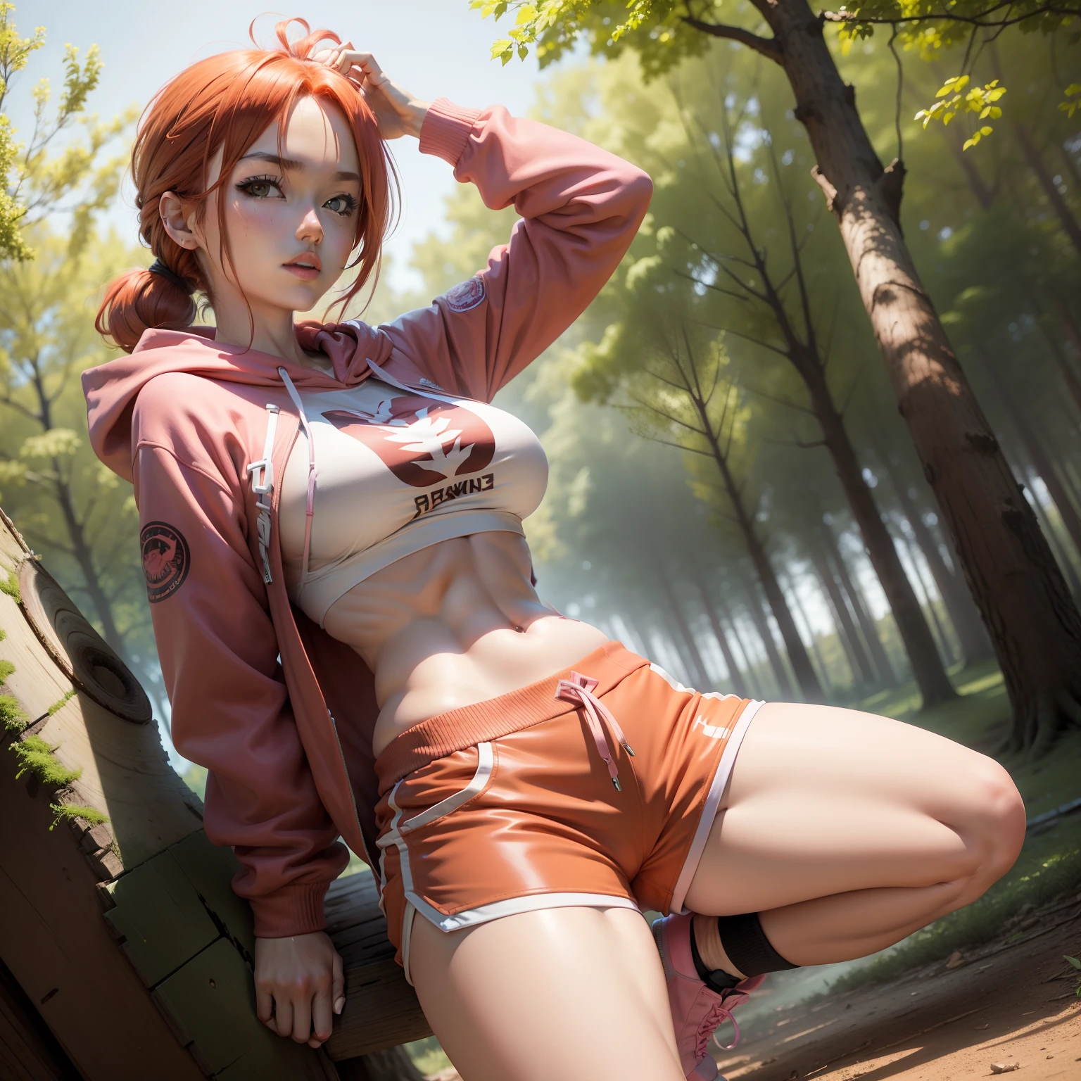 (masterpiece), (best quality),makima \(chainsaw man\),red hair, pink Hoodie, big breast, Tight shorts, full body, in the park