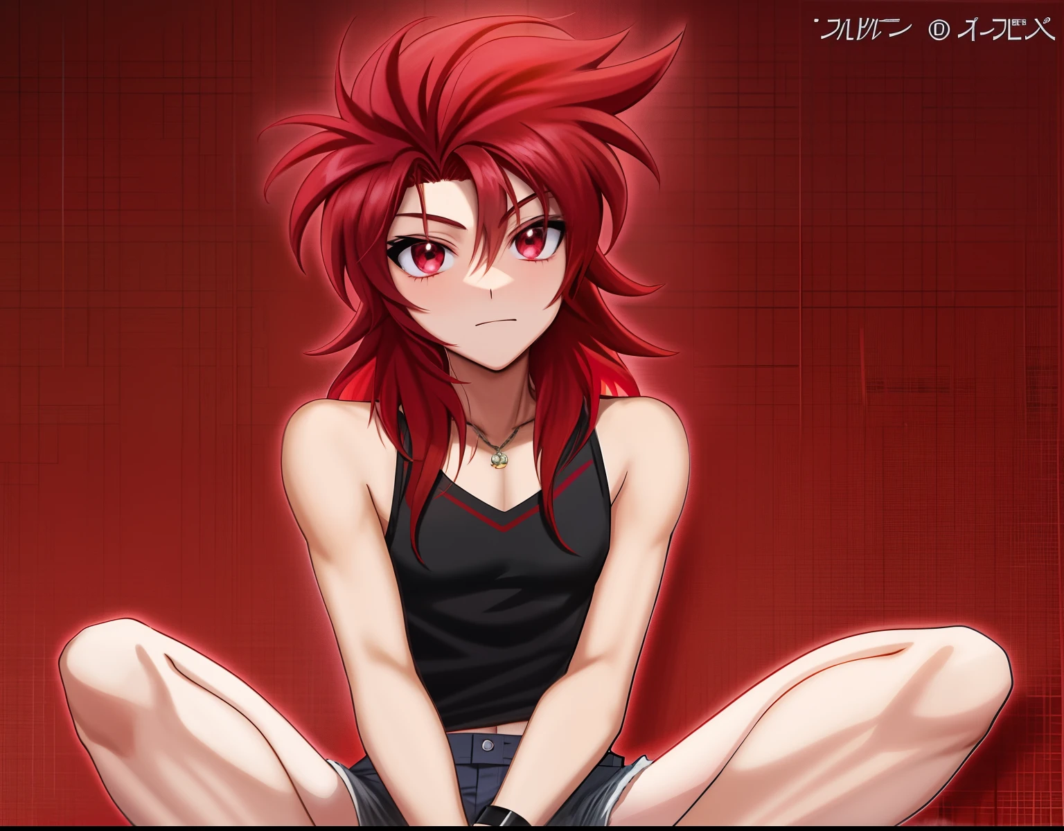 Red haired anime boy sitting on floor with legs crossed, Anime Boy, anime style character, garments:Black tank top, Boy in shorts, In anime style, Anime style, anime styled」, Muscular men, In an anime style, Knight of Zodiac Boy, With red hair,