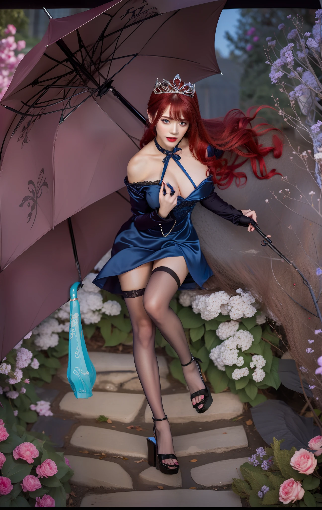 1girl,red hair,vampire,realistic,Karina,holding an umbrella,blue dress.