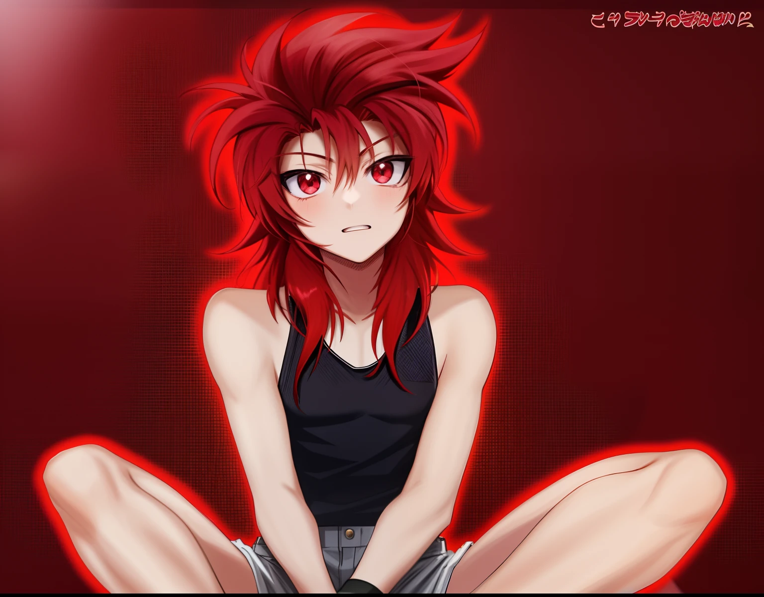 Red haired anime boy sitting on floor with legs crossed, Anime Boy, anime style character, garments:Black tank top, Boy in shorts, In anime style, Anime style, anime styled」, Muscular men, In an anime style, Knight of Zodiac Boy, With red hair,