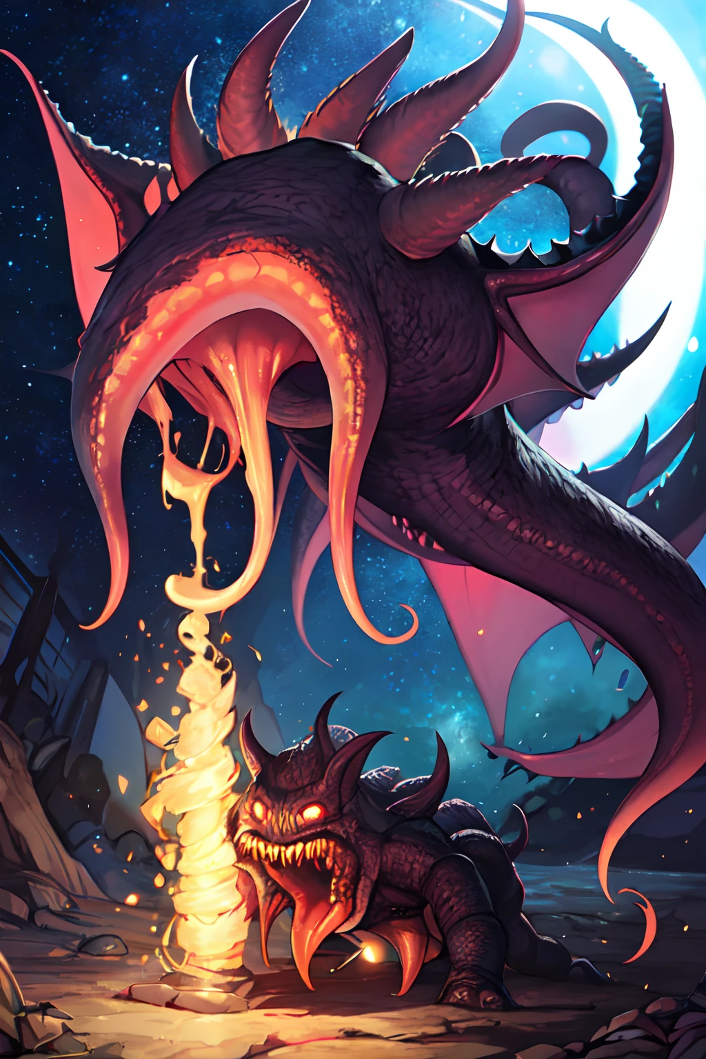 Cthulhu,Monster,Death worms,Drill out of the surface,cartoonish style,,Behemoth of the Abyss,Behemoth,bucktooth,Full of tentacles,starry sky bright