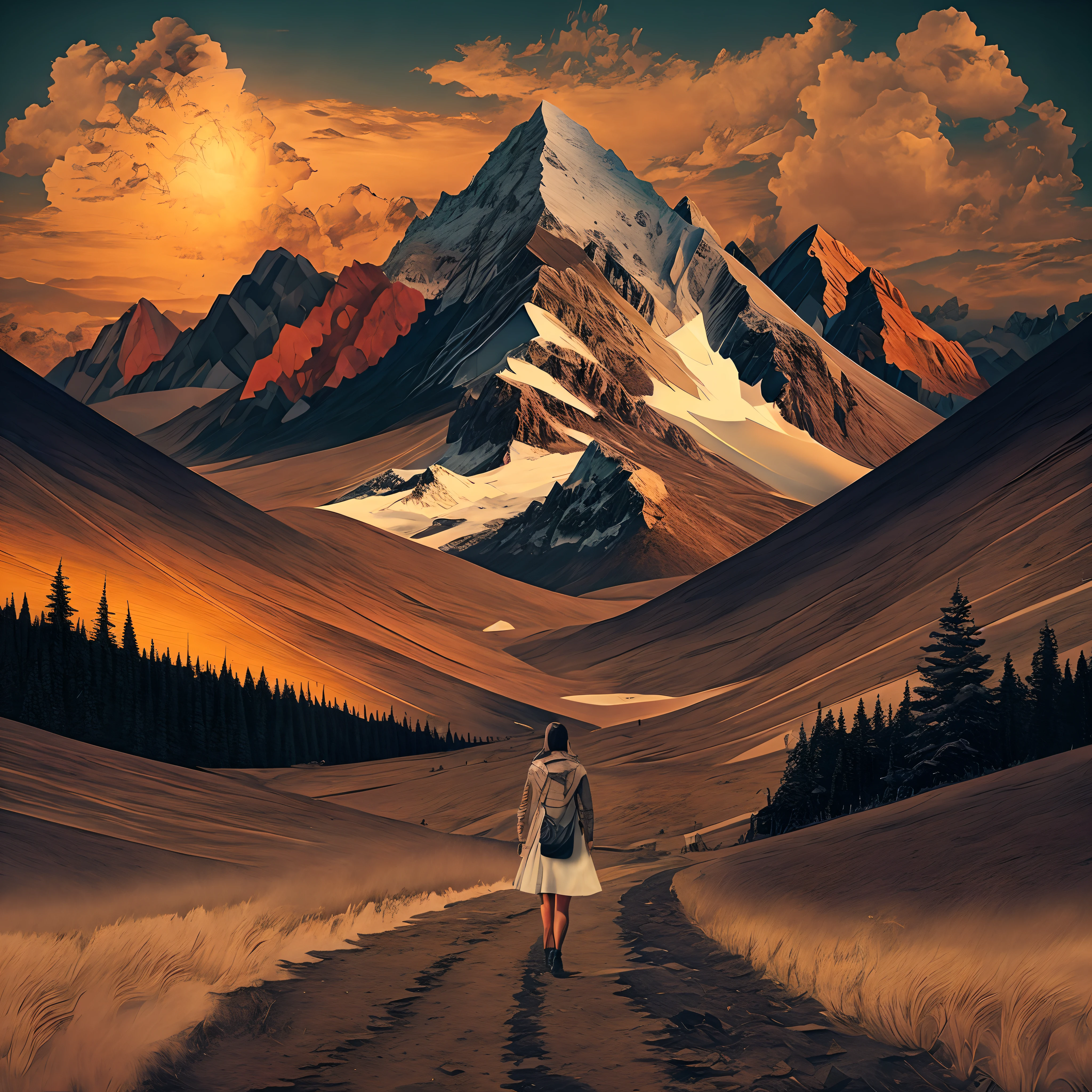 there is a woman walking down a path with a mountain in the background, collage art, surreal collage, collage artwork, a contemporary artistic collage, paper collage art, paper cut out collage artwork, digital collage, zig-zags. mountains, ( collage ), contemporary collage, paper collage, cut-out paper collage, collage style joseba elorza, frank moth