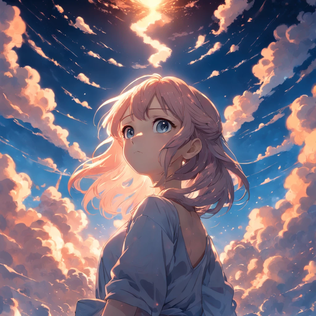 tmasterpiece，best qualtiy，cinematic Film still from，1girl，Cloud Girl，Floating in the sky，closeup cleavage，brightly，cheerfulness，Warm and soft lighting，the sunset，（spark of light：0.7），Add the text "Little Pigeon"