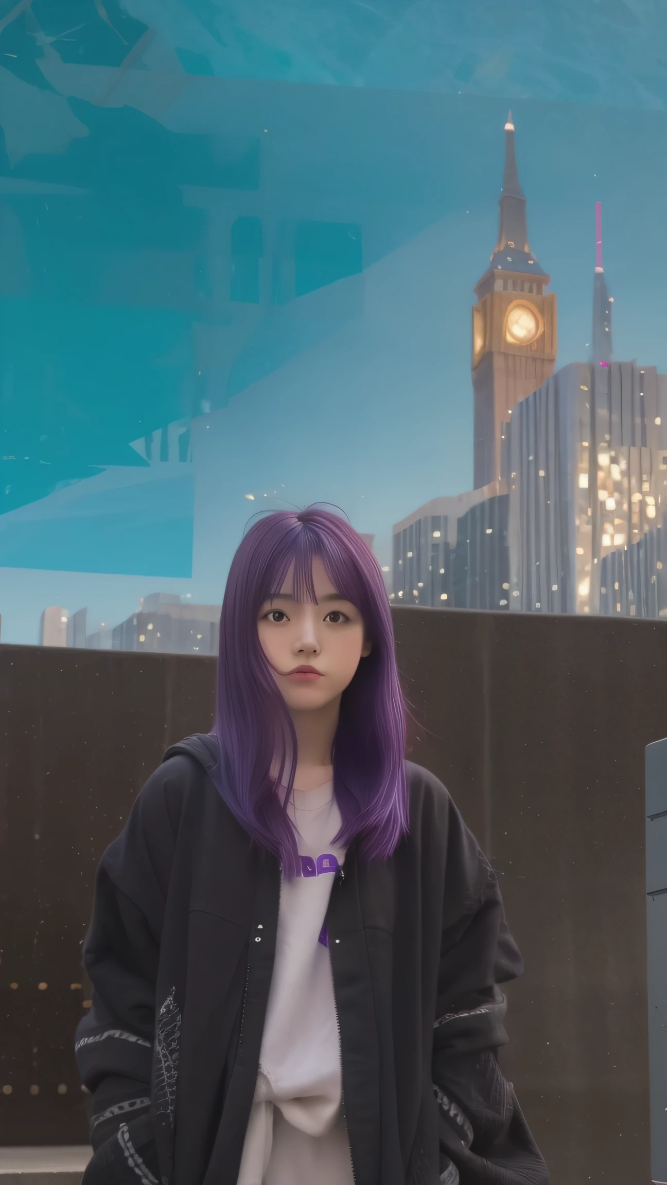 1girl , purple hair , realistic , ultra detail , 70mm lens ,
