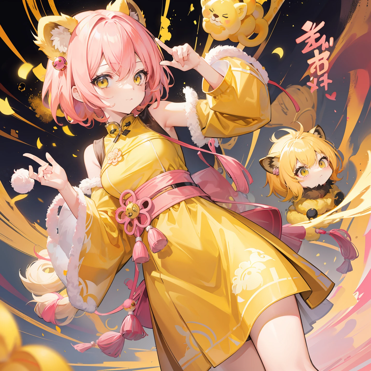 short, Helmet-like yellow-pink hair,It feels fluffy,Wear slender clothes with yellow powder,This is a quirk,Very cute lion dance loli