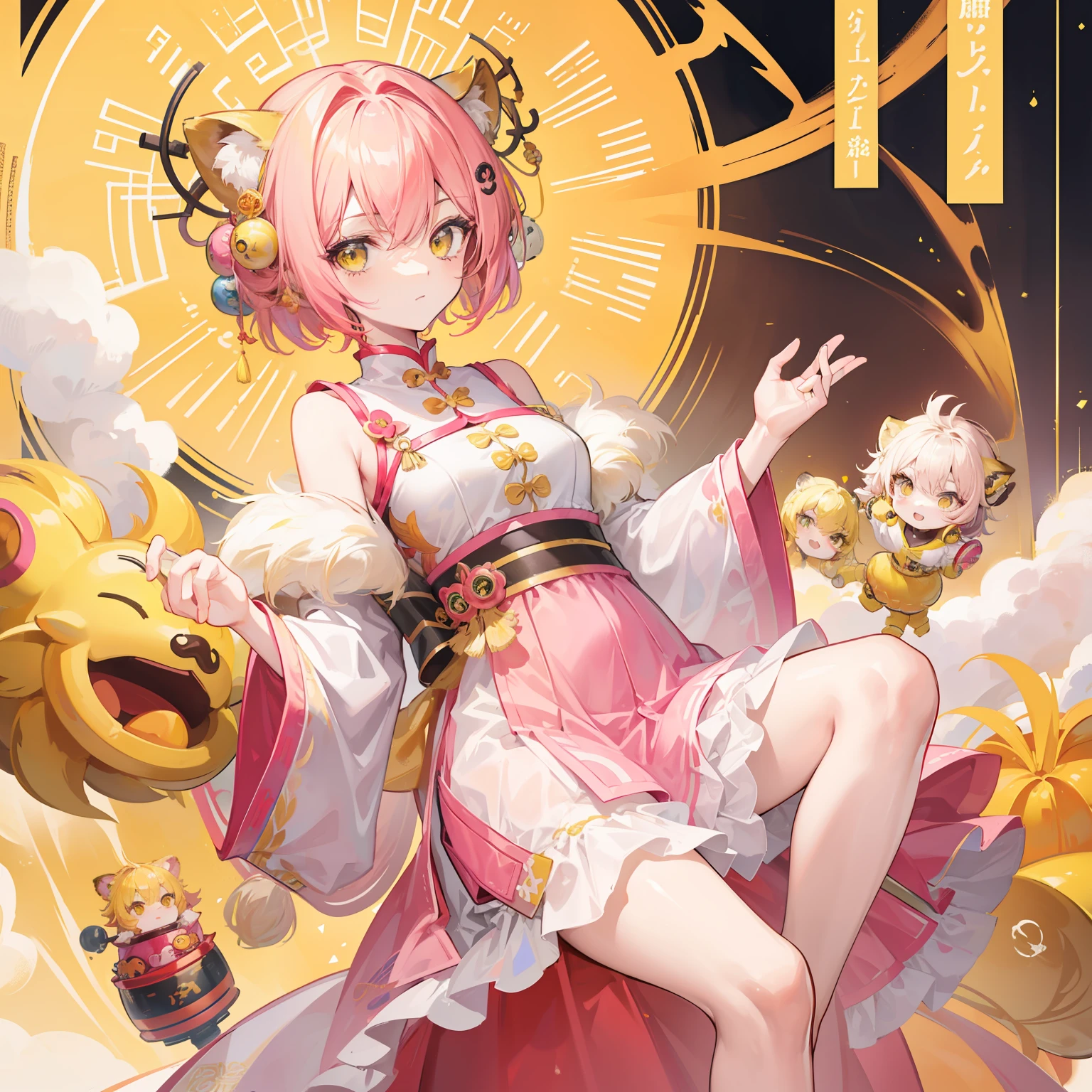 short, Helmet-like yellow-pink hair，It feels fluffy，Wear slender clothes with yellow powder，This is a quirk，Very cute lion dance loli