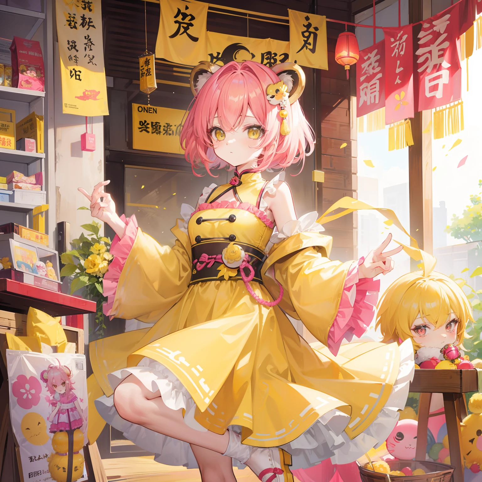 short, Helmet-like yellow-pink hair，It feels fluffy，Wear slender clothes with yellow powder，This is a quirk，Very cute lion dance loli