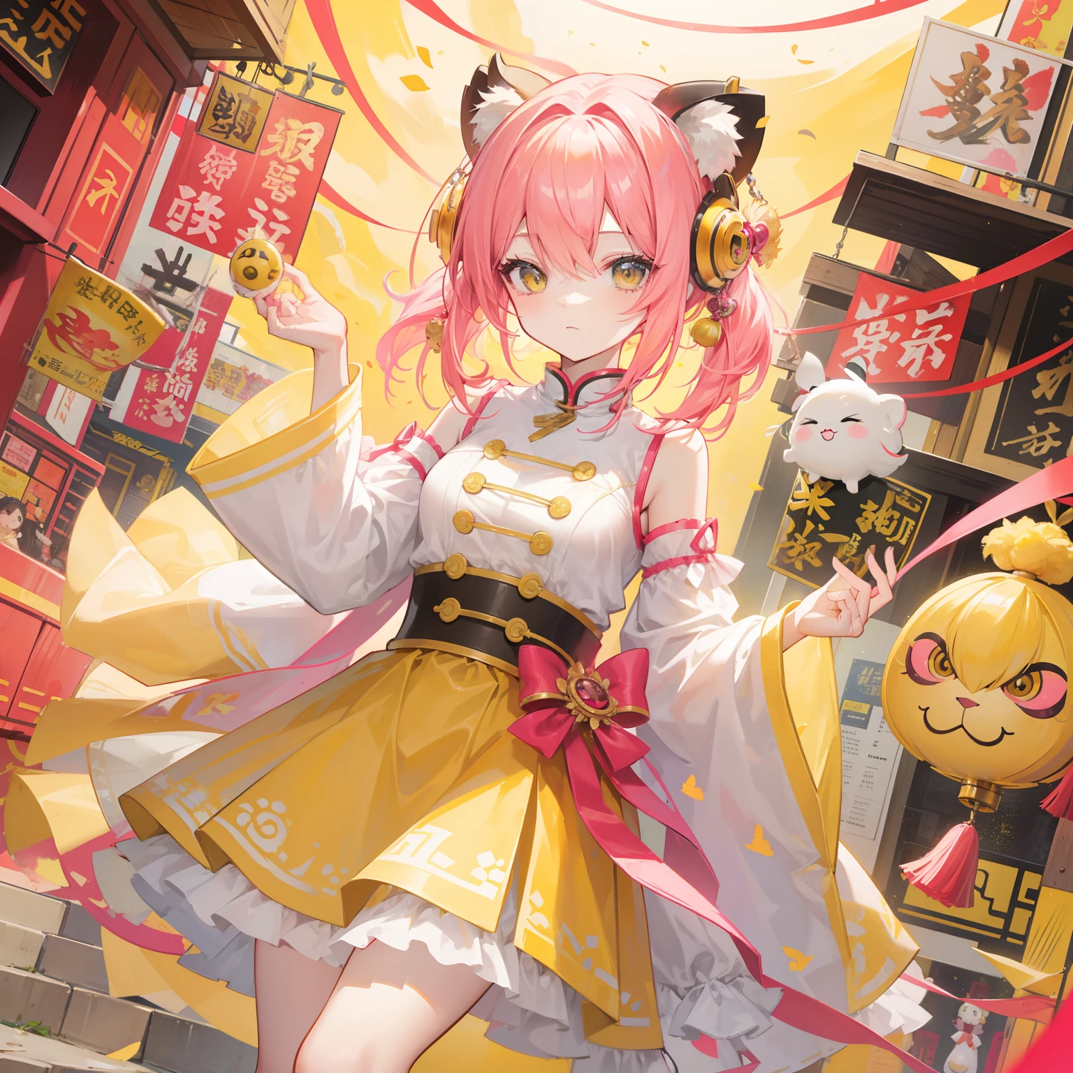short, Helmet-like yellow-pink hair,It feels fluffy,Wear slender clothes with yellow powder,This is a quirk,Very cute lion dance loli