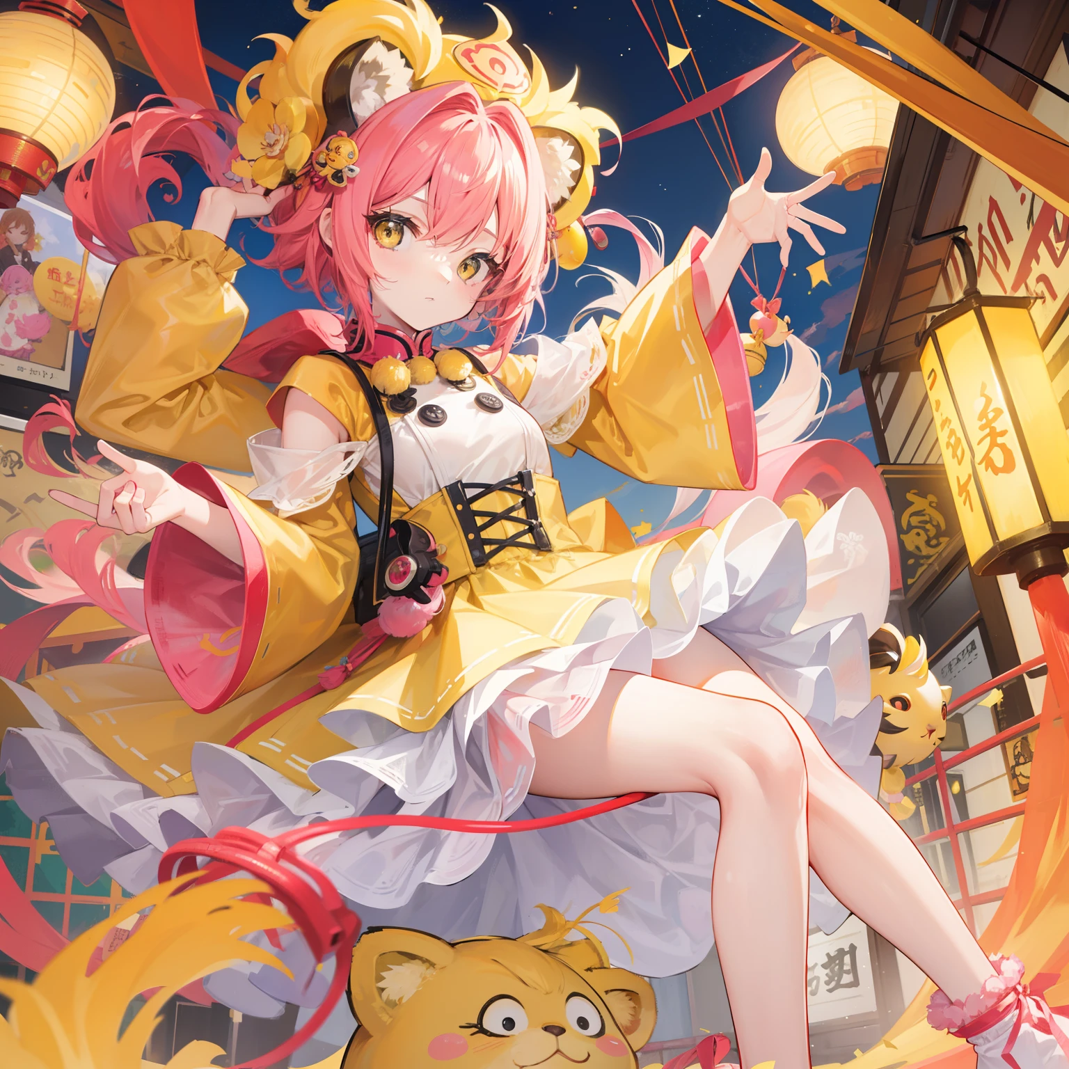 short, Helmet-like yellow-pink hair,It feels fluffy,Wear slender clothes with yellow powder,This is a quirk,Very cute lion dance loli