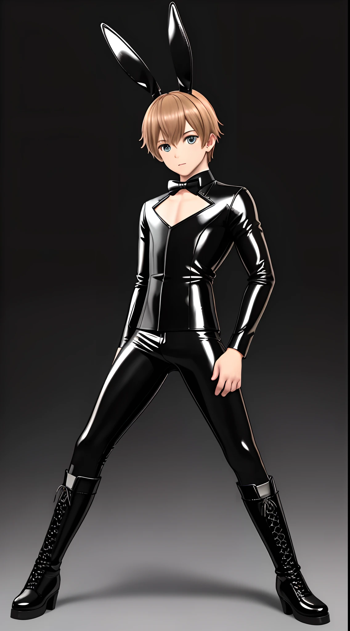 juvenile sense，shoun，Male characters show their faces，Full body color latex set，Latex pants are clearly depicted，musculous，Full body photo，Sexy tights，Wear latex clothing all over，Shiny latex coat，Over-the-knee boots，Flat boots，，bunny ears，Valet，High split end，