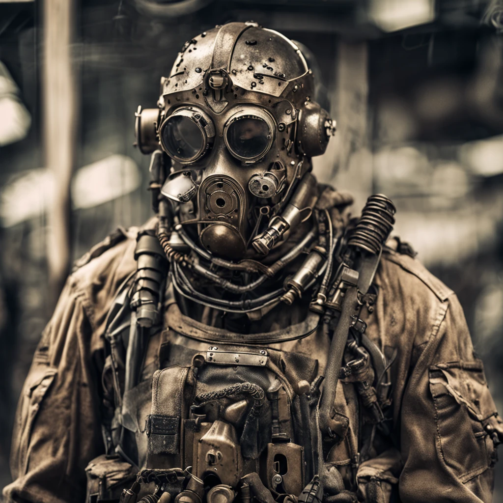 Ultra high resolution, steampunk-styled illustration, soldier posing in warzone, mechanical armor, intricate gadgets, dystopian battlefield, industrial machinery, professional artist, captured with Pentax 645Z, 75mm lens, Ilford Delta 3200, art by H.G. Wells-inspired, heroic mood, brass and copper tones, textured surfaces, steam effects, cogwork details, gritty background, imaginative weaponry, strong stance, otherworldly technology, fierce expression