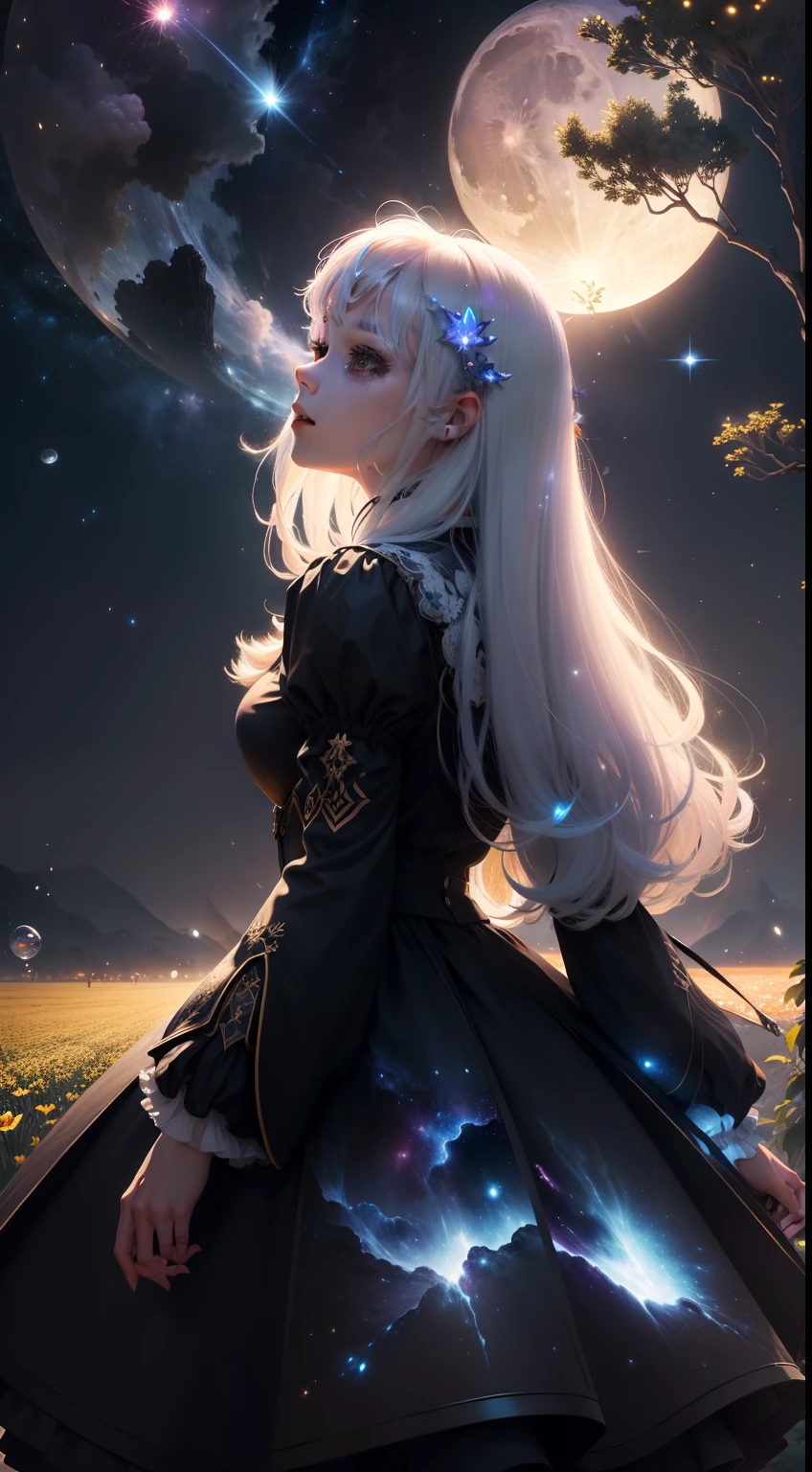 Extensive landscape photo , (looking up and down), Girl standing in flower field looking up, (Full Moon:1.2), ( Shooting Star:0.9), (Nebula:1.3), Flower field of white flowers, Shining flower field, Tree , (Warm light source:1.2), (Firefly:1. 2), Lamp, lots of orange and blue, fine details, voluminous Lighting BREAK (Masterpiece:1.2), (Top Quality), 4k, Super Dense, (Dynamic Composition:1.4), Very Dense, Colorful Details, ( Iridescent:1.2), (Glowing Lighting, Atmospheric Lighting), Dreamy, Fantastic, (Solo:1.2), Glitter, Dancing Petals, White Hair, Beautiful Hair, long hair, cat ears, back view, magical effect of water, soap bubbles,12k resolution