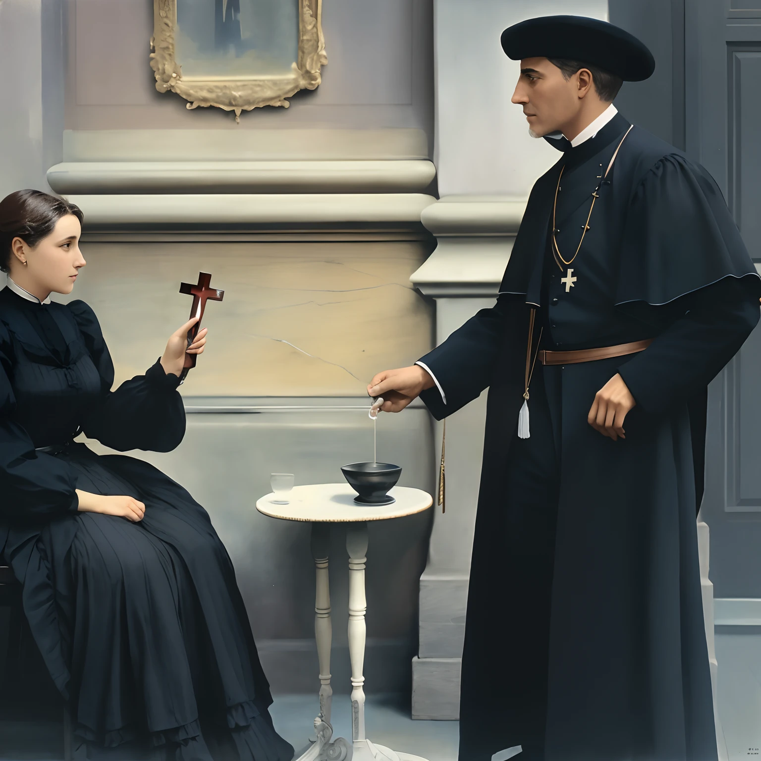 there is a man and a woman sitting at the table with a cross,foto realista detalhada, 1899, 1900, 1910