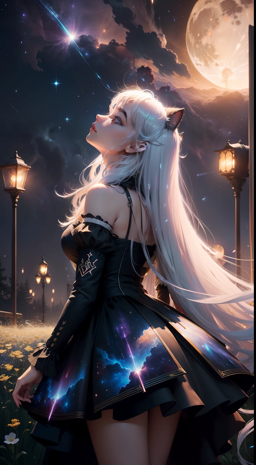 Extensive landscape photo , (looking up and down), Girl standing in flower field looking up, (Full Moon:1.2), ( Shooting Star:0.9), (Nebula:1.3), Flower field of white flowers, Shining flower field, Tree , (Warm light source:1.2), (Firefly:1. 2), Lamp, lots of orange and blue, fine details, voluminous Lighting BREAK (Masterpiece:1.2), (Top Quality), 4k, Super Dense, (Dynamic Composition:1.4), Very Dense, Colorful Details, ( Iridescent:1.2), (Glowing Lighting, Atmospheric Lighting), Dreamy, Fantastic, (Solo:1.2), Glitter, Dancing Petals, White Hair, Beautiful Hair, long hair, cat ears, back view, magical effect of water, soap bubbles,12k resolution