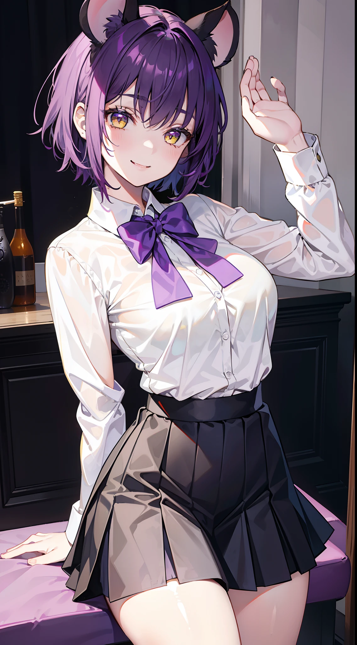 young girl, short purple hair, Yellow eyes, Mouse ears, tight white shirt with bow tie, tight black skirt, open breasts, Languid look, Lustful smile, Masterpiece, hiquality