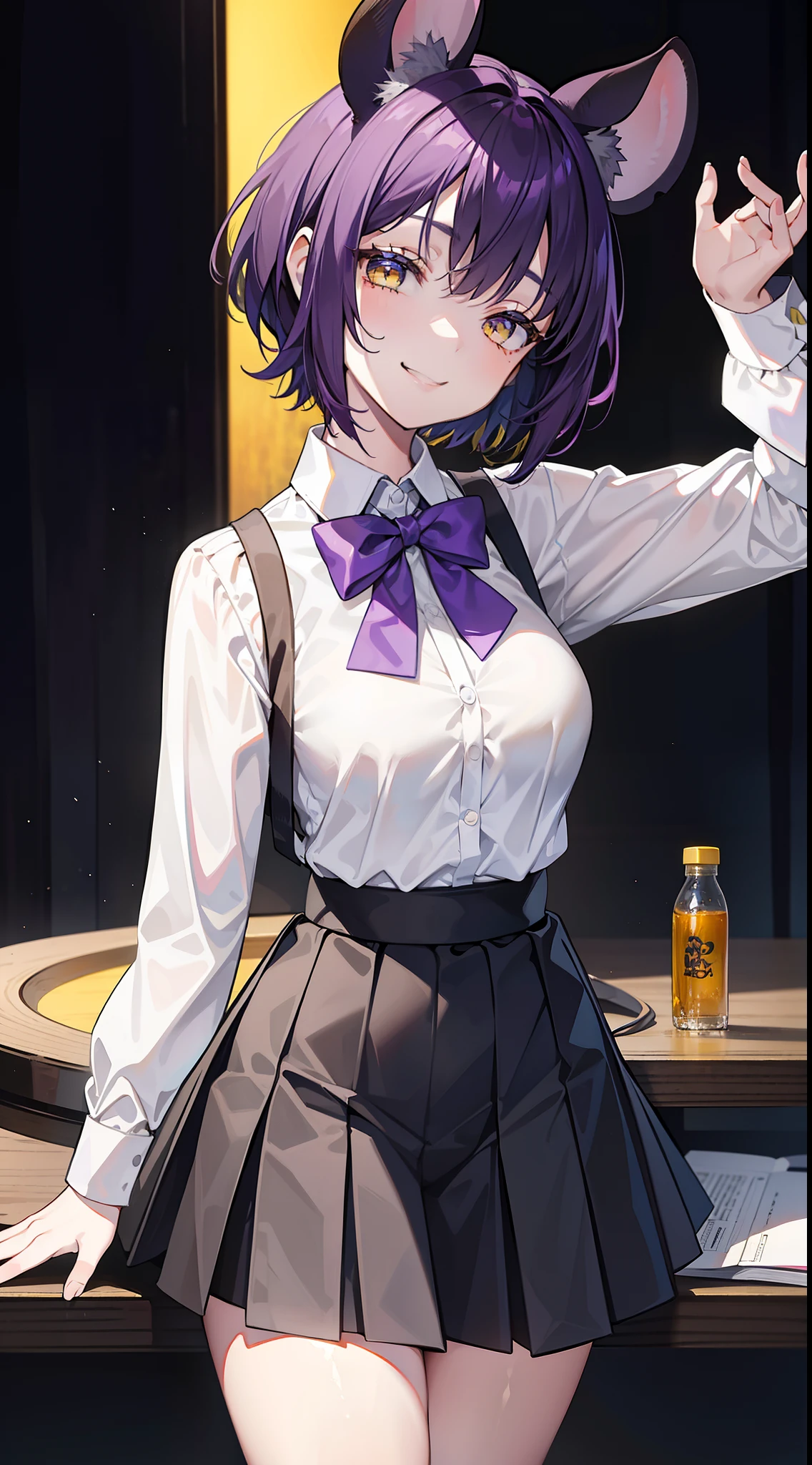 young girl, short purple hair, Yellow eyes, Mouse ears, tight white shirt with bow tie, tight black skirt, open breasts, Languid look, Lustful smile, Masterpiece, hiquality