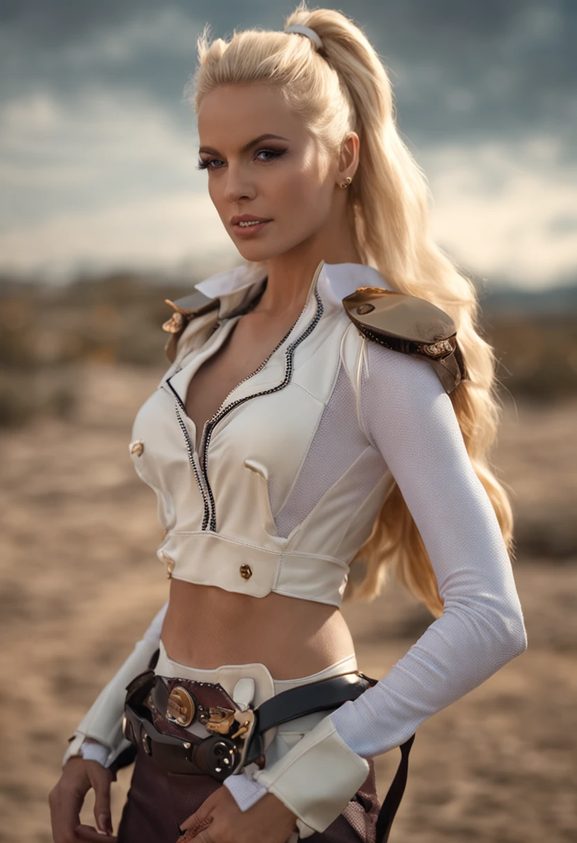 hot white woman, sexy body, (blonde hair with double bun with bangs),  high school costume