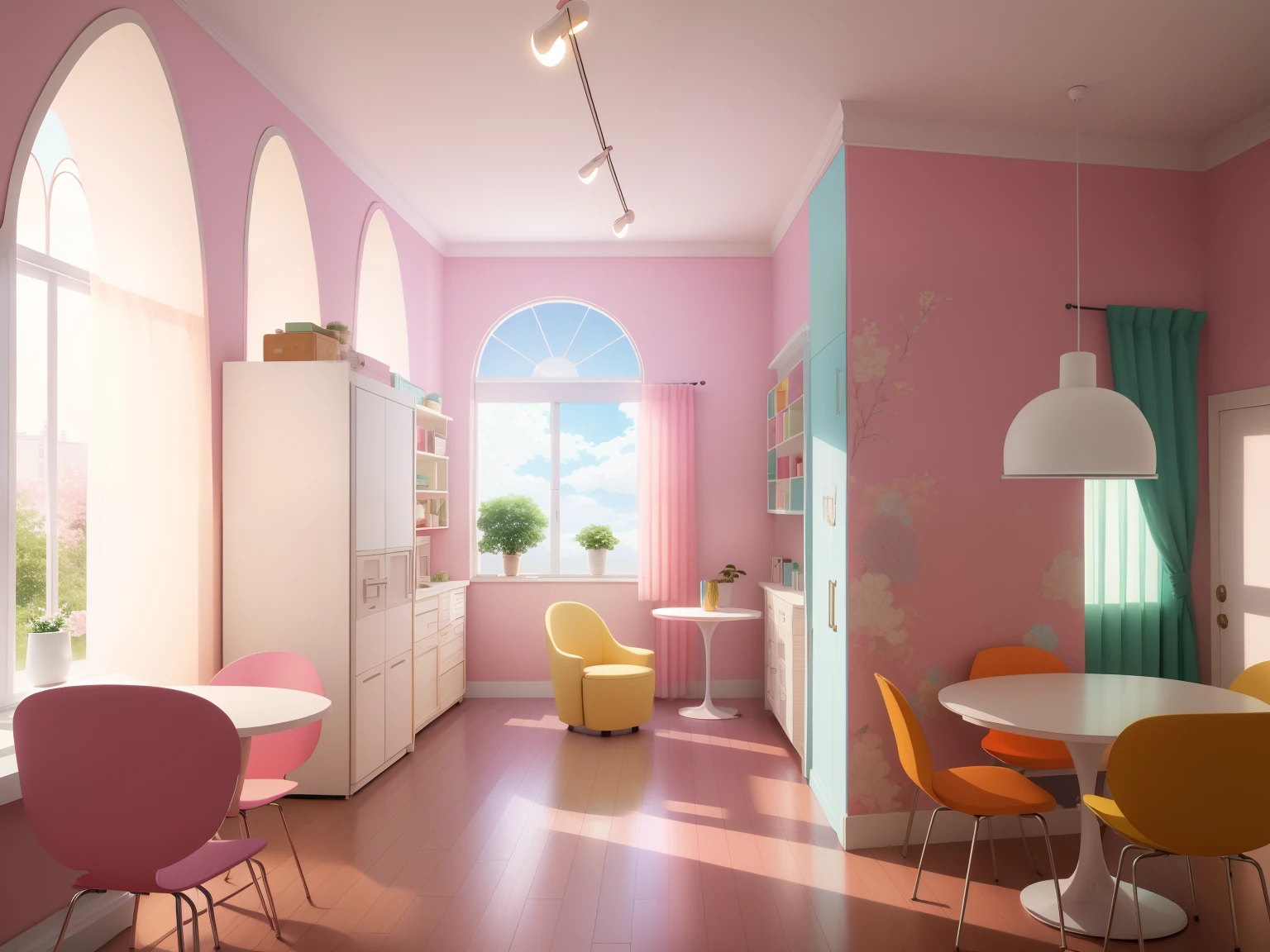 there is a room with a table and chairs in it, rich pastel colors, fantastically pastel colors, in pastel colors, modern pastel colours, bold pastel colors, pink arches, rich vivid pastel colors, cinematic pastel lighting, by Anita Malfatti, by Aleksander Kotsis, pastel colors only, pastel tone, ethereal art deco, rich pastel color palette, (((anime style))), (master pieces) (8K ultra HD), (((Ultra sharp))), (Hard Edge)