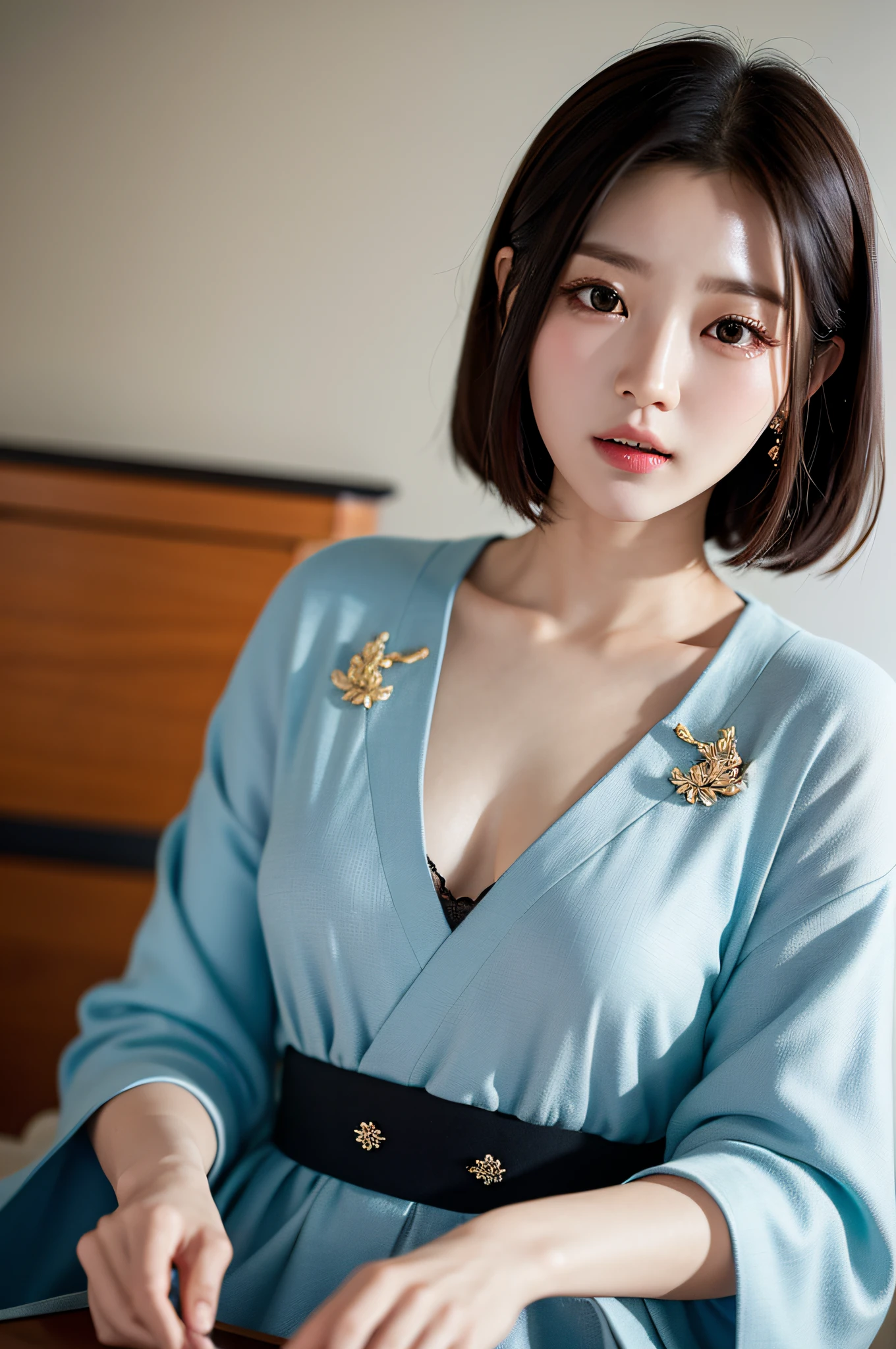 (Gyeongsan:1.5), a closeup, masterpiece, top-quality, ultra-detailliert, Raw foto, Photorealsitic:1.2, unbelievable Ridiculous, hight resolution, finely detail, extra detailed face, extremely detailed eye, Sharp pupils, a very beautiful woman, 独奏, short-hair, Colossal tits, The chest is fluttering, depth of fields, foco nítido, Cinematic lighting, Kyungsan Suit