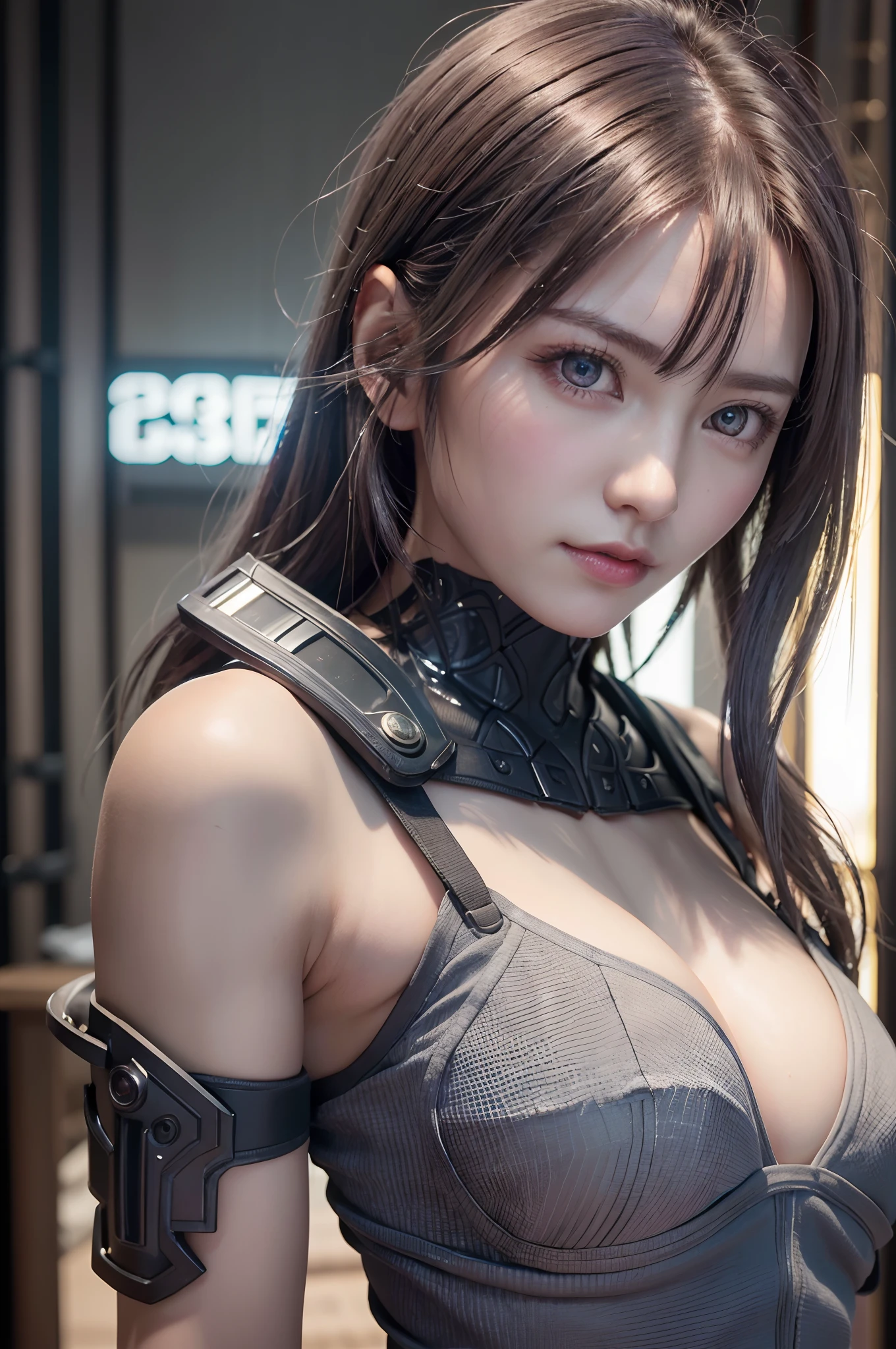 top-quality、8K Masterpiece、超A high resolution、(Photorealsitic:1.3)、Raw photo、女の子1人、silver white hair、glowy skin、1 Cyberpunk Super Beautiful Soldier、((super realistic details))、portlate、globalillumination、Shadow、octan render、8K、ultrasharp、beauty breast、Raw skin is exposed in cleavage、metals、cold color、、highly intricate detail、Realistic light、CGSoation Trends、Beautiful eyes、radiant eyes、Facing the camera、neon details、