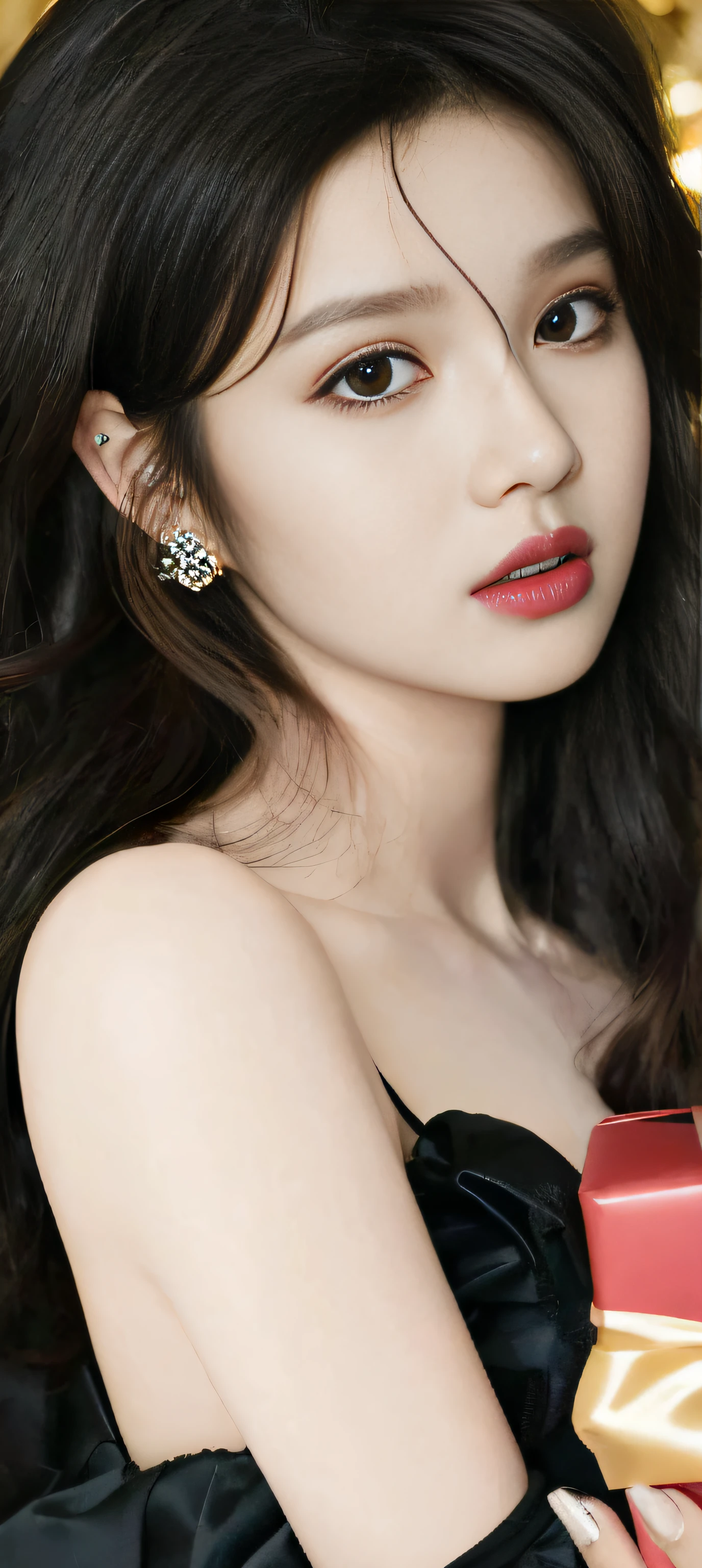 Close-up of a woman holding a gift box with a bow, bae suzy, earring, with small studded earings, beautiful Korean women, silver earring, cute korean actress, Cai Xukun, Gorgeous young Korean woman, Earrings, Beautiful young Korean woman, dilraba dilmurat, Choi Hyun-hwa, hwang se - on, wearing ornate earrings