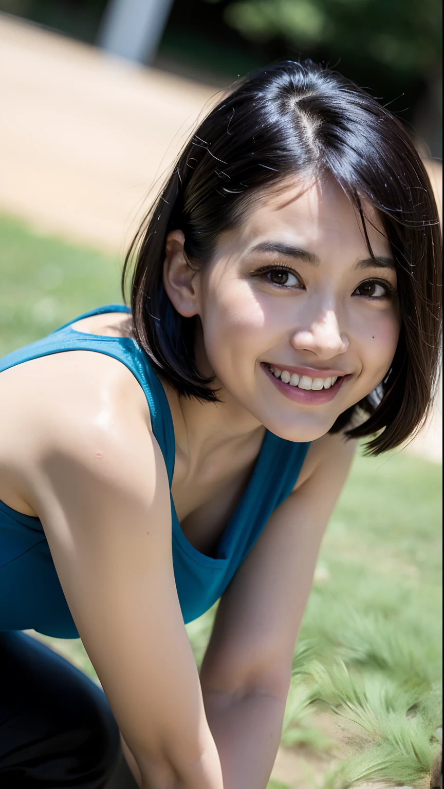 (Best quality, 8k, 32k, Masterpiece, UHD:1.2),Photo of Pretty Japanese woman,black short hair,beauty face,(leaning forward:1.3),squatting,(from above:1.2),(close up:1.4),pov,,looking at another,smile, loose t-shirt,large breasts,beautiful nipple slip,outdoors,windy,shiny skin,blurry background