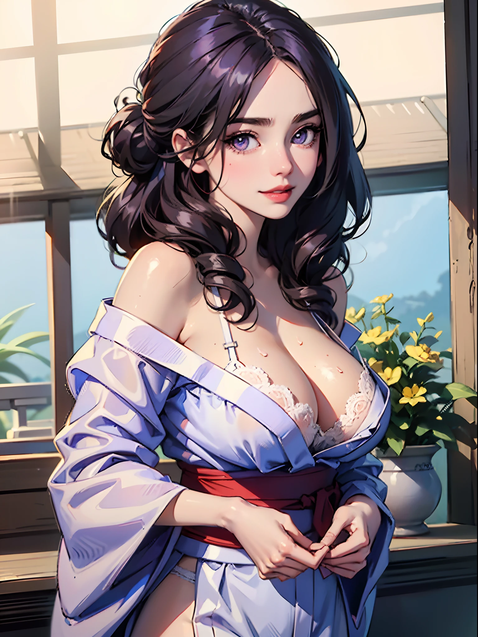 8K picture quality、top-quality、masutepiece、An ultra-high picture quality、ultra-detailliert、Ultra-realistic hair quality、Vibrant colors、Beautuful Women、Beautiful long hair、Shiny hair、detailed hairs、white hairs、poneyTail、purple eyes、shinny skin、Lace underwear、Very gigantic-breasts、Sweat on the forehead and cheeks、extremely big ass、Fluffy off-shoulder yukata、A smile、soft pink lips、Ultra-realistic flesh feeling、Red cheeks、summer festival in background