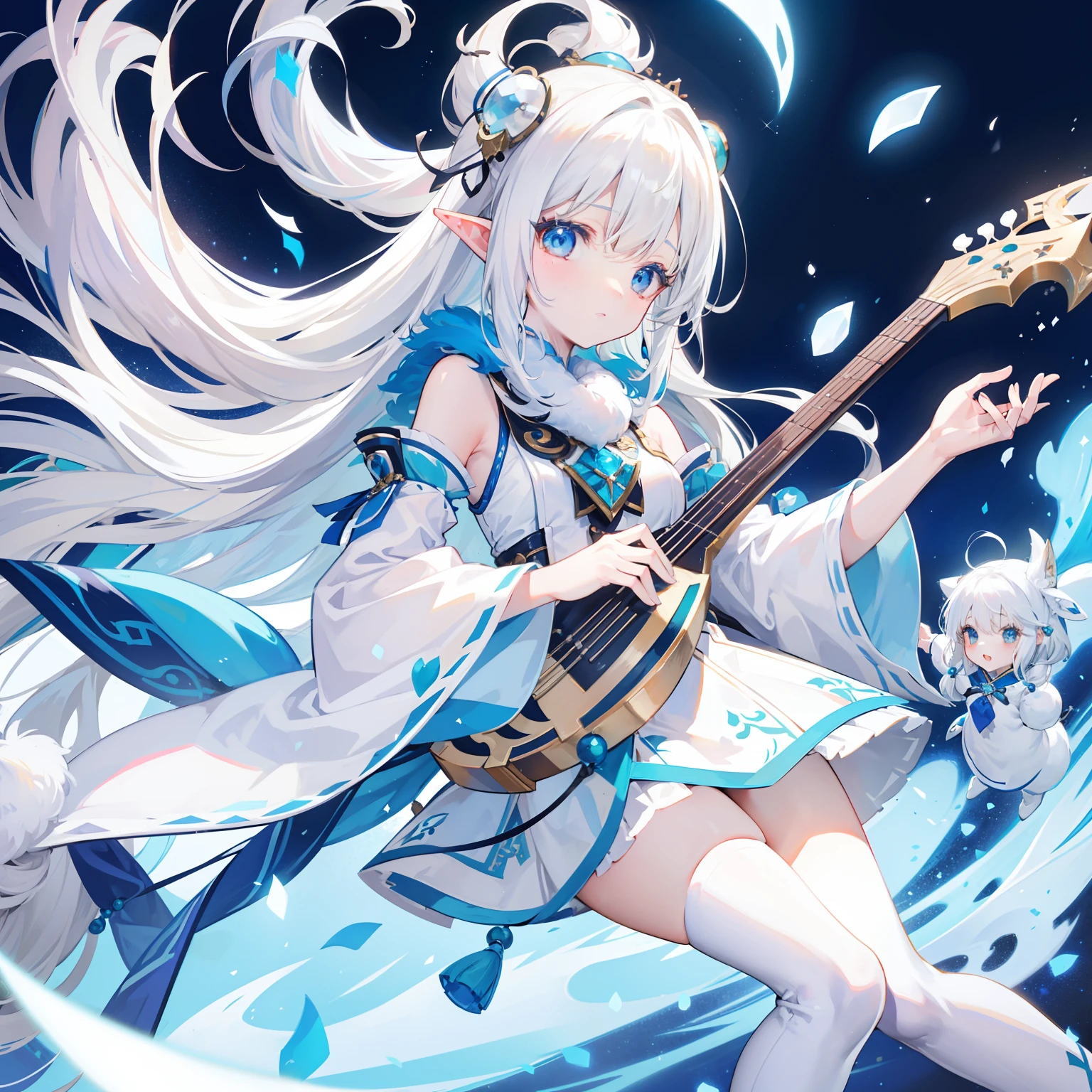Creamy white hair，Furry clothes，Hairy lute，Blue and white color scheme，Cute like a jade rabbit spirit，Elf vitality，Beautiful appearance，It's a sweet girl