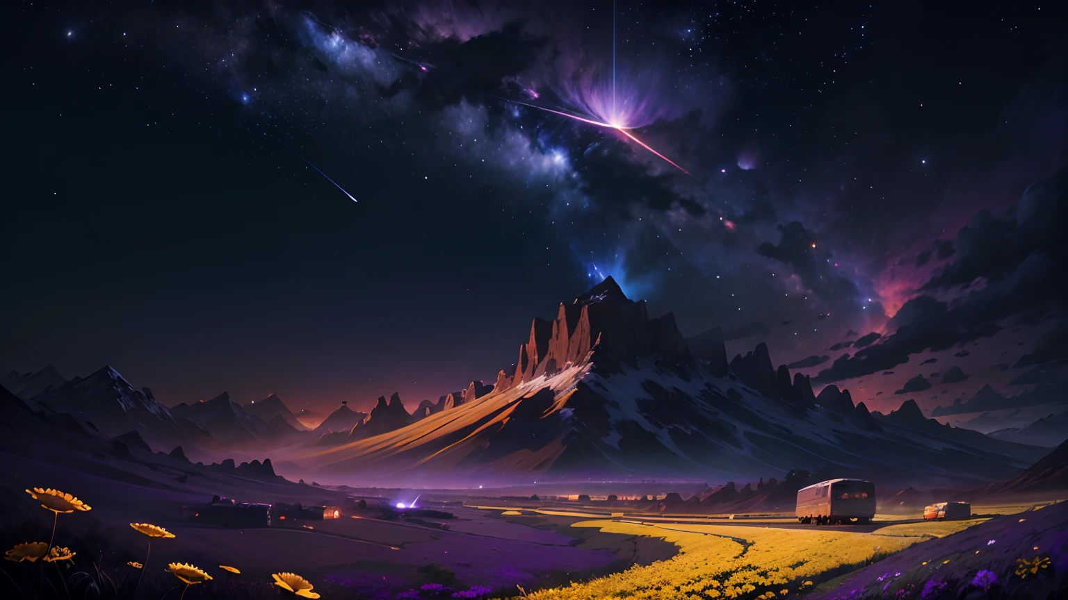 (Absurd, Cinematic, UHD, taller, ultra detailed, ultra detailed), dark purple sky, nebula in the sky, last 5 in the sky, big moon in the sky, flying train, shooting star, dandelion field, mountain, oil painting, detailed dandelion field, detailed sky, sunset