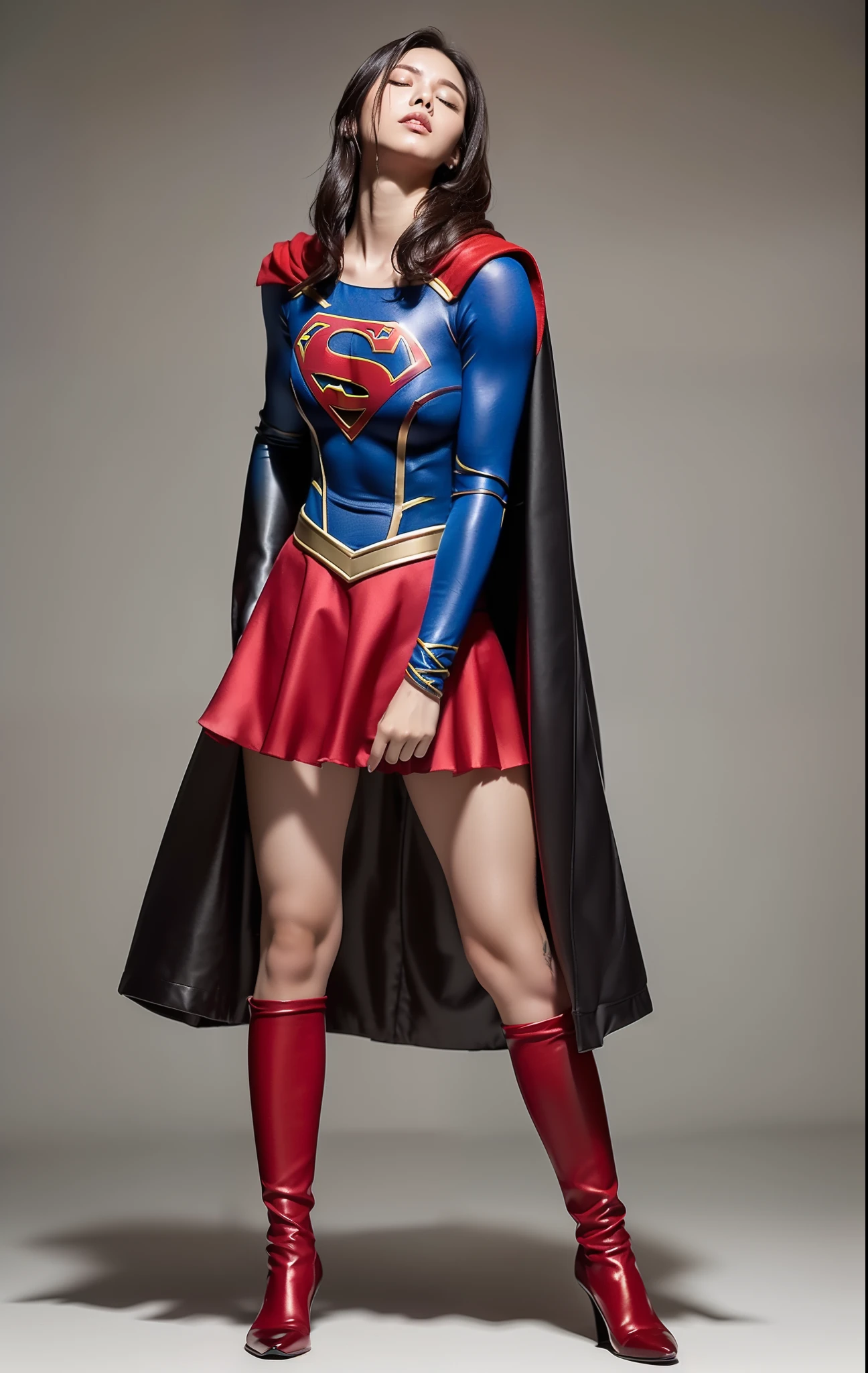 (((Make the most of the original image)))、(((Supergirl Costume)))、(((Hung)))、(((and draw the full body)))、(((Stick to weakness)))、(((Eyes closed)))、(((a short bob、lustrous dark hair)))、(((Suffering)))、(((The cloak is red)))、(((Wearing stockings)))、(((Costumes are torn to shreds)))、((Top image quality、8K))、((top-quality、8K、masterpiece:1.3))、Crisp focus:1.2、Beautiful woman with perfect body shape:1.4、Slender Abs:1.2、((layers-Cut))、a wet body:1.5、Highly detailed facial and skin texture、