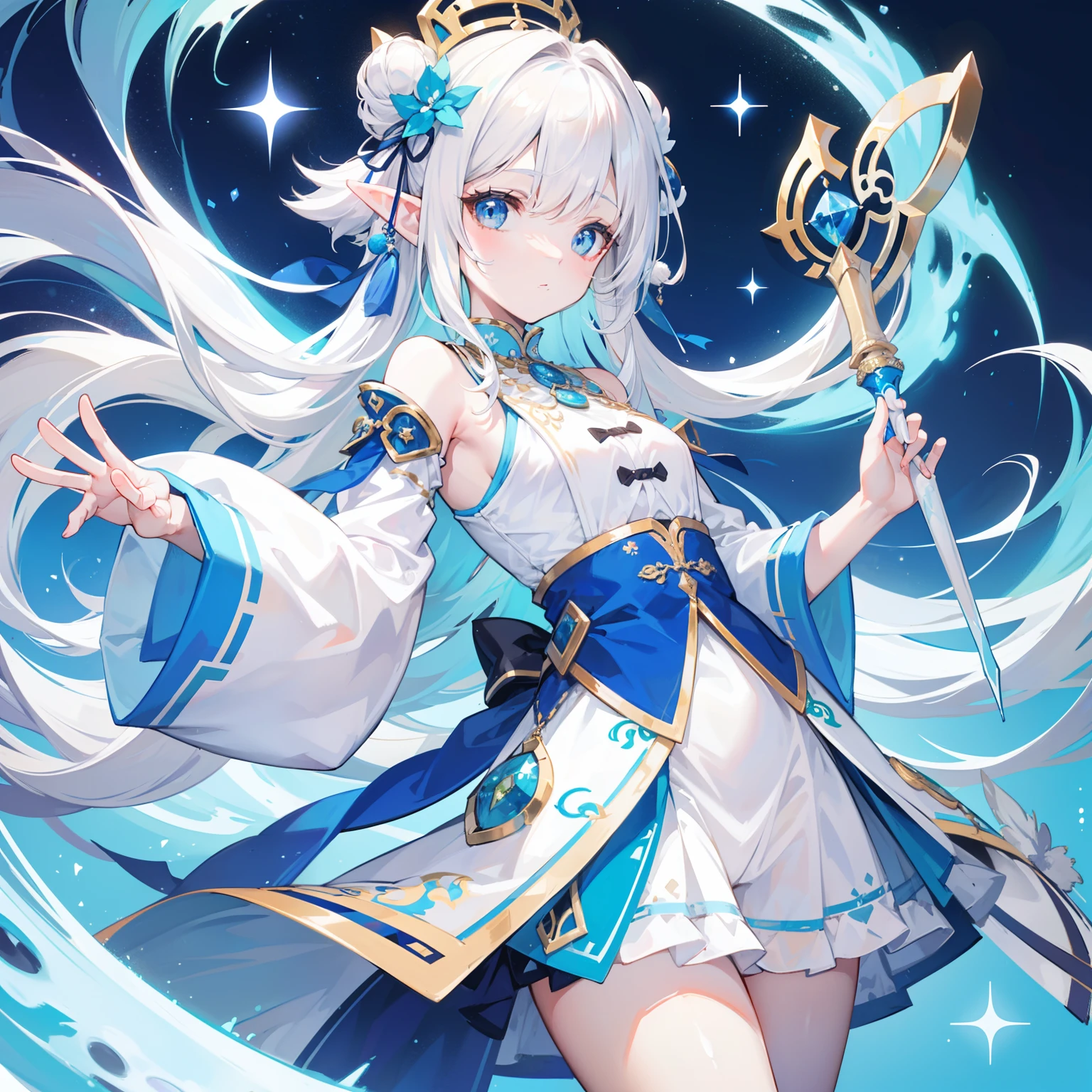 Creamy white hair，Fuzzy clothes，Hairy lute，Blue and white color scheme，Cute as the Jade Rabbit Elf，Precision and flexibility，Beautiful appearance，It's a sweet girl