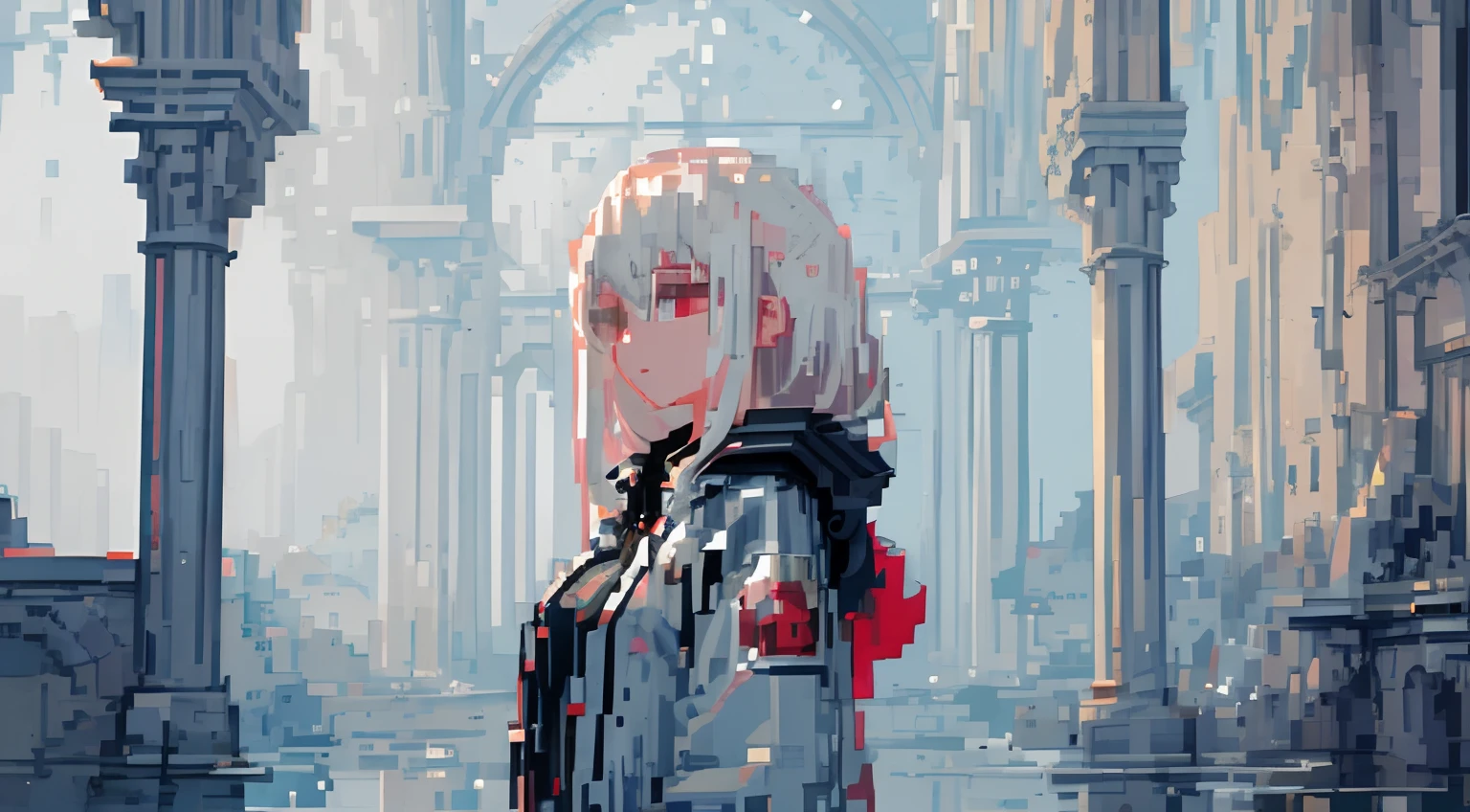 ((pixel art)),masterpiece, best quality, cinematic lighting,soft lighting,(1girl :1.3),morning,beautiful white hair,(TechWear :1.1),transparent raincoat,Black coat,(with red ornaments:1.05),(with blue ornaments:1.03),looking to the side,raining,beautiful detailed water,beautiful detailed sky,ruins