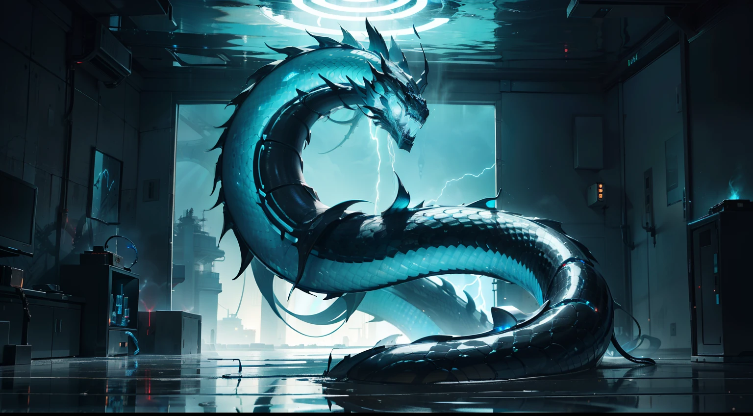 A transparent huge Orochi serpent coming out from a mettlaic black liquid ocean ,visble mechanical spinal cord with blue neon lights and skeleton, metallic skeleton, red ocean background ,cyborg style , lightning, photorealistic ,
,wallpaper style ,serpent covering whole photo